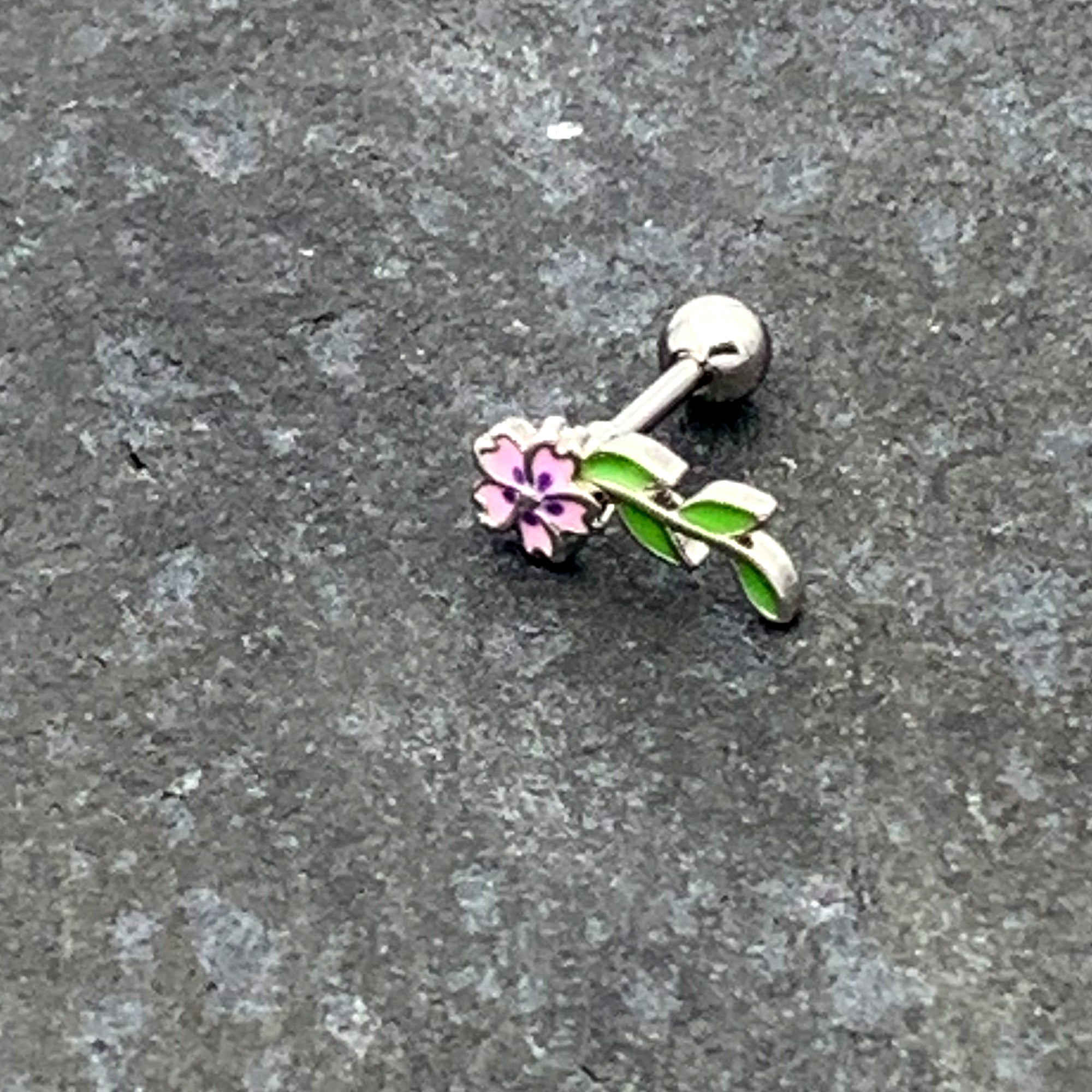 16 Gauge 1/4 Pink Purple Long Flower Cartilage Tragus Earring