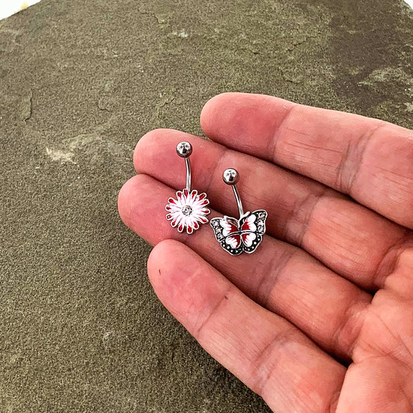 Clear Gem Red Light Pink Butterfly Flower Belly Ring Set of 2