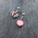 Clear Gem Red Light Pink Butterfly Flower Belly Ring Set of 2