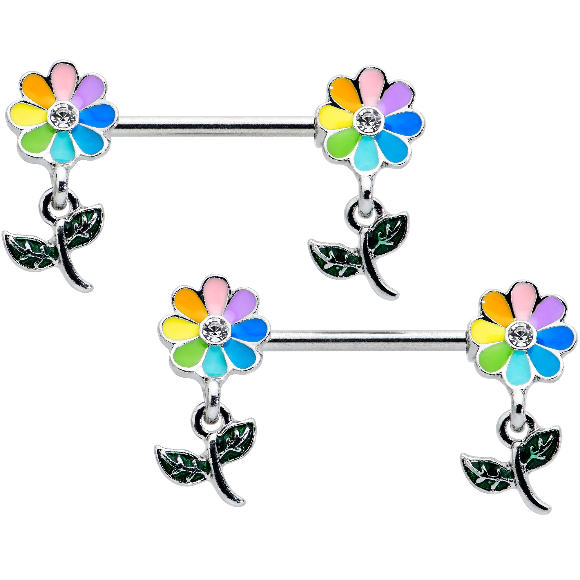 14 Gauge 9/16 Clear Gem Pride Rainbow Flower Dangle Nipple Ring Set