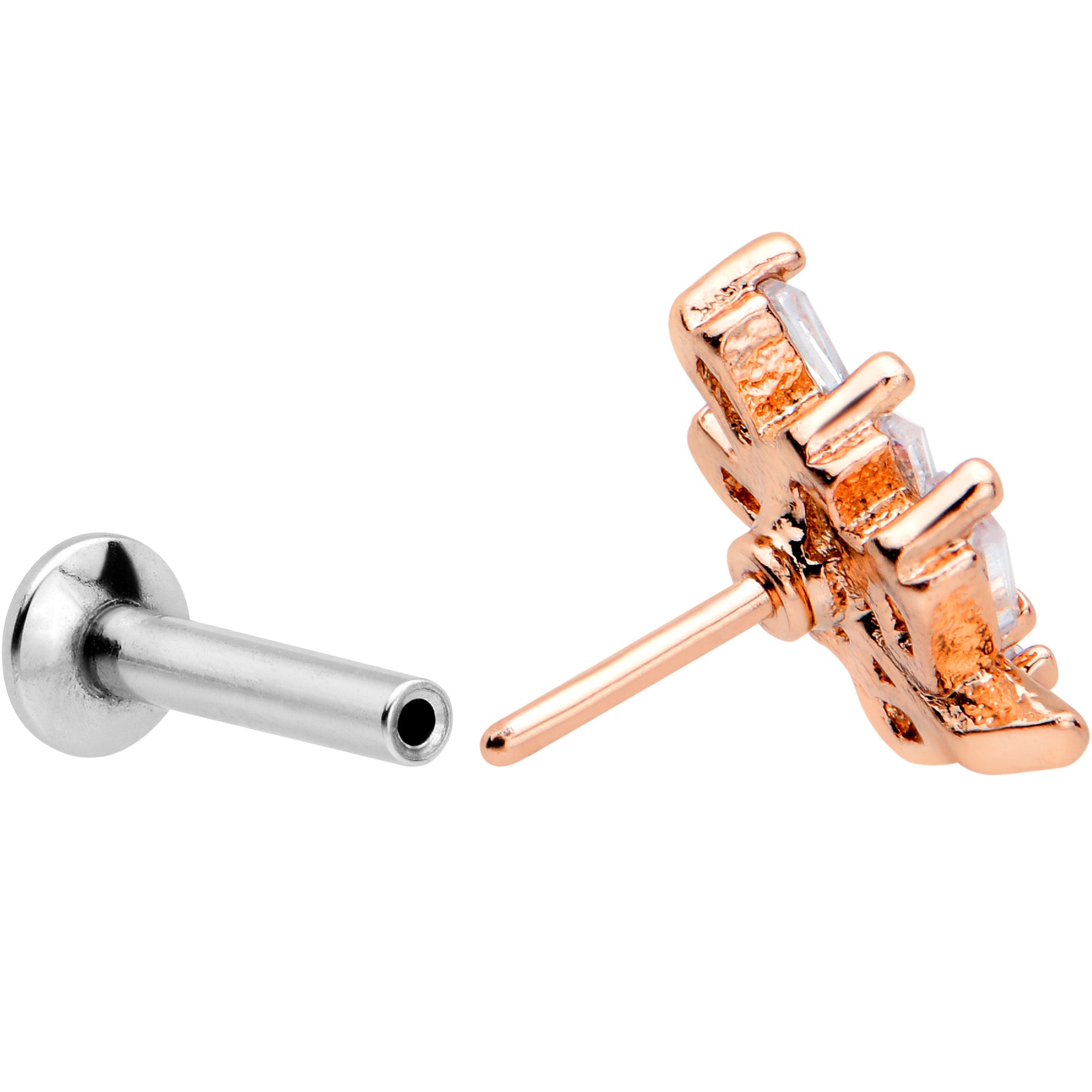 16G 1/4 Clear CZ Gem Leafy Rosy Branch Threadless Labret Tragus