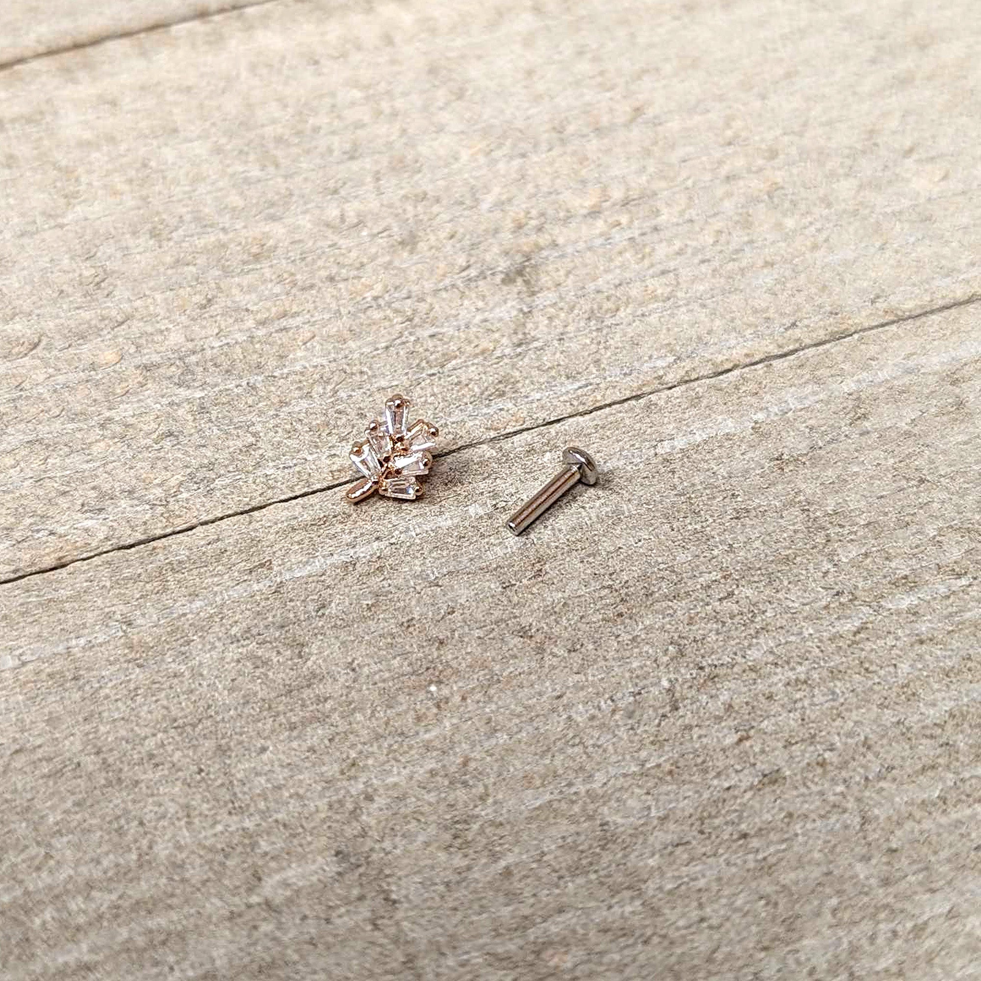 16G 1/4 Clear CZ Gem Leafy Rosy Branch Threadless Labret Tragus