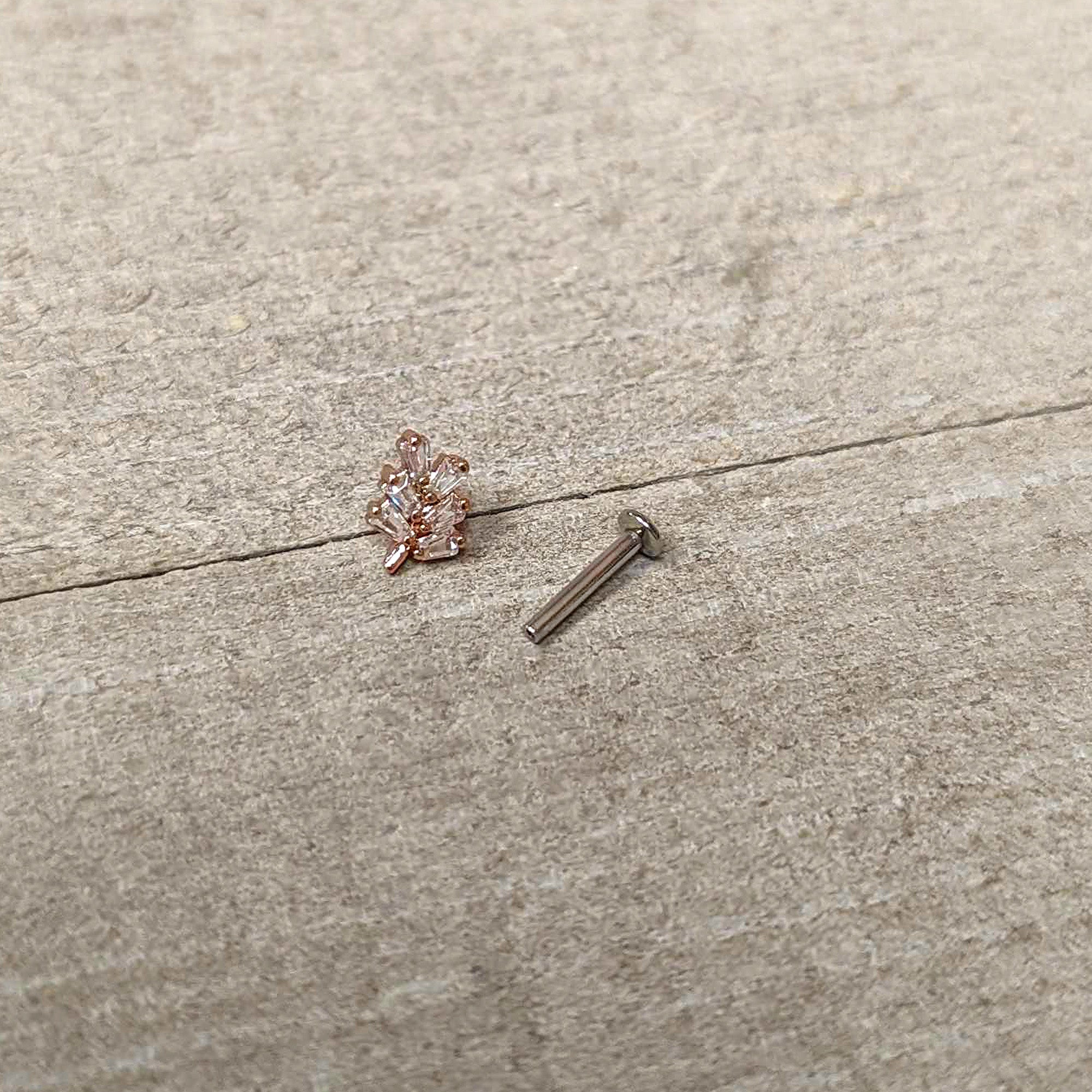 16G 5/16 Clear CZ Gem Leafy Rosy Branch Threadless Labret Tragus