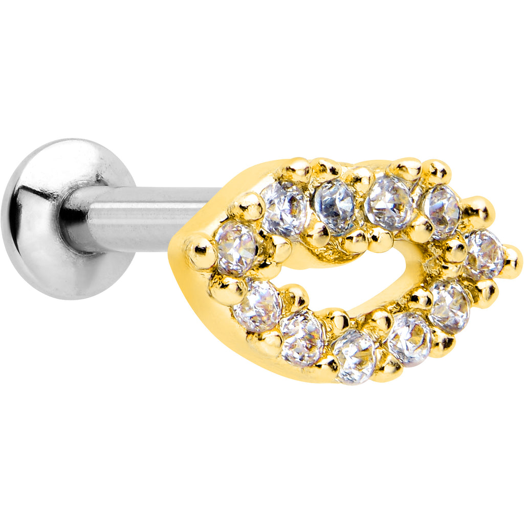 16G 1/4 Clear CZ Gem Kissy Lips Golden Threadless Labret Tragus