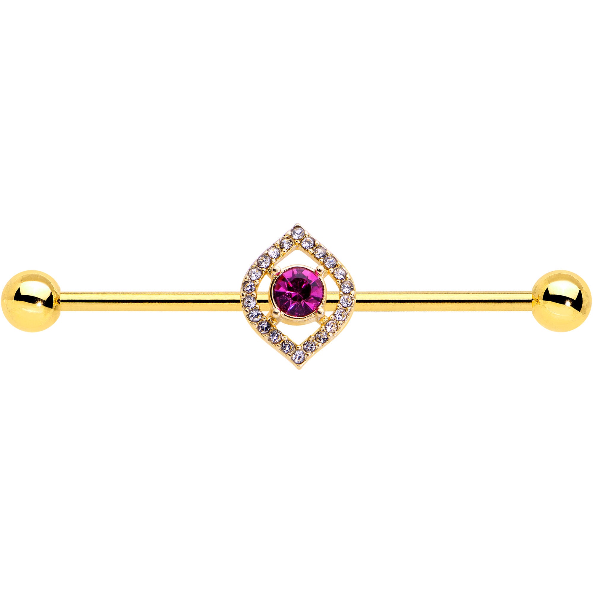 14G Clear Pink Gem Gold Tone Open Eye Industrial Barbell 38mm