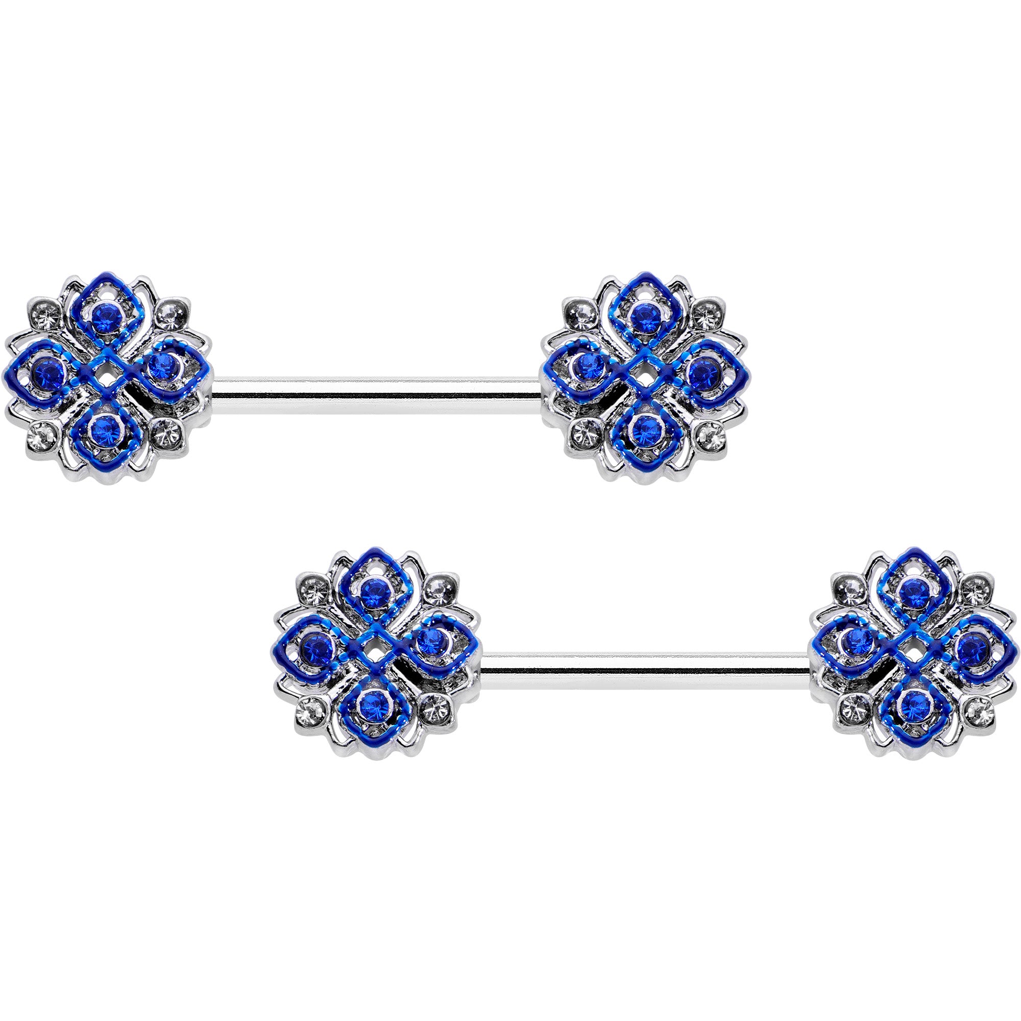 14 Gauge 9/16 Clear Blue Gem Embellished Cross Barbell Nipple Ring Set