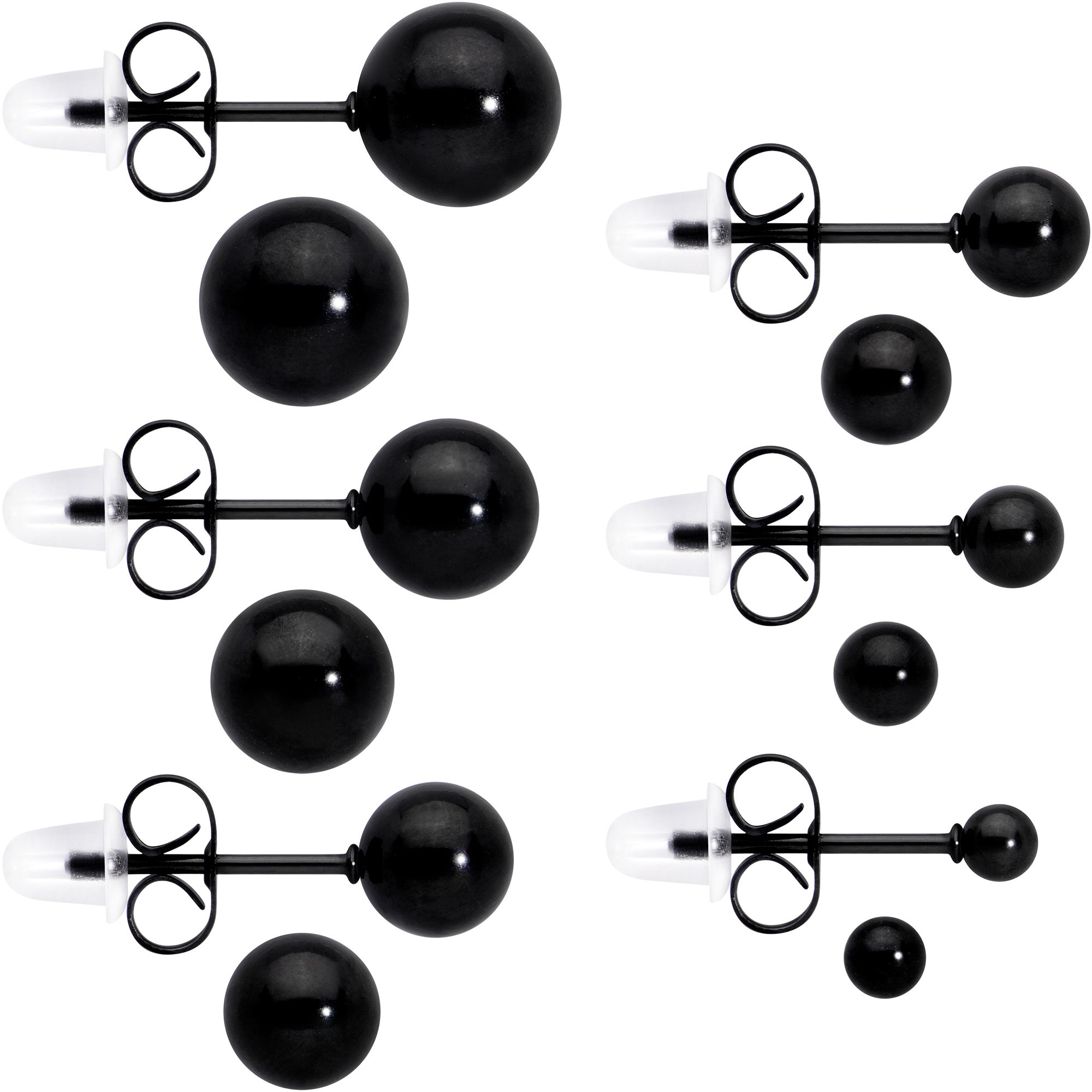 3mm-8mm Ball Stud Black 316L Stainless Steel Earrings 6 Pack