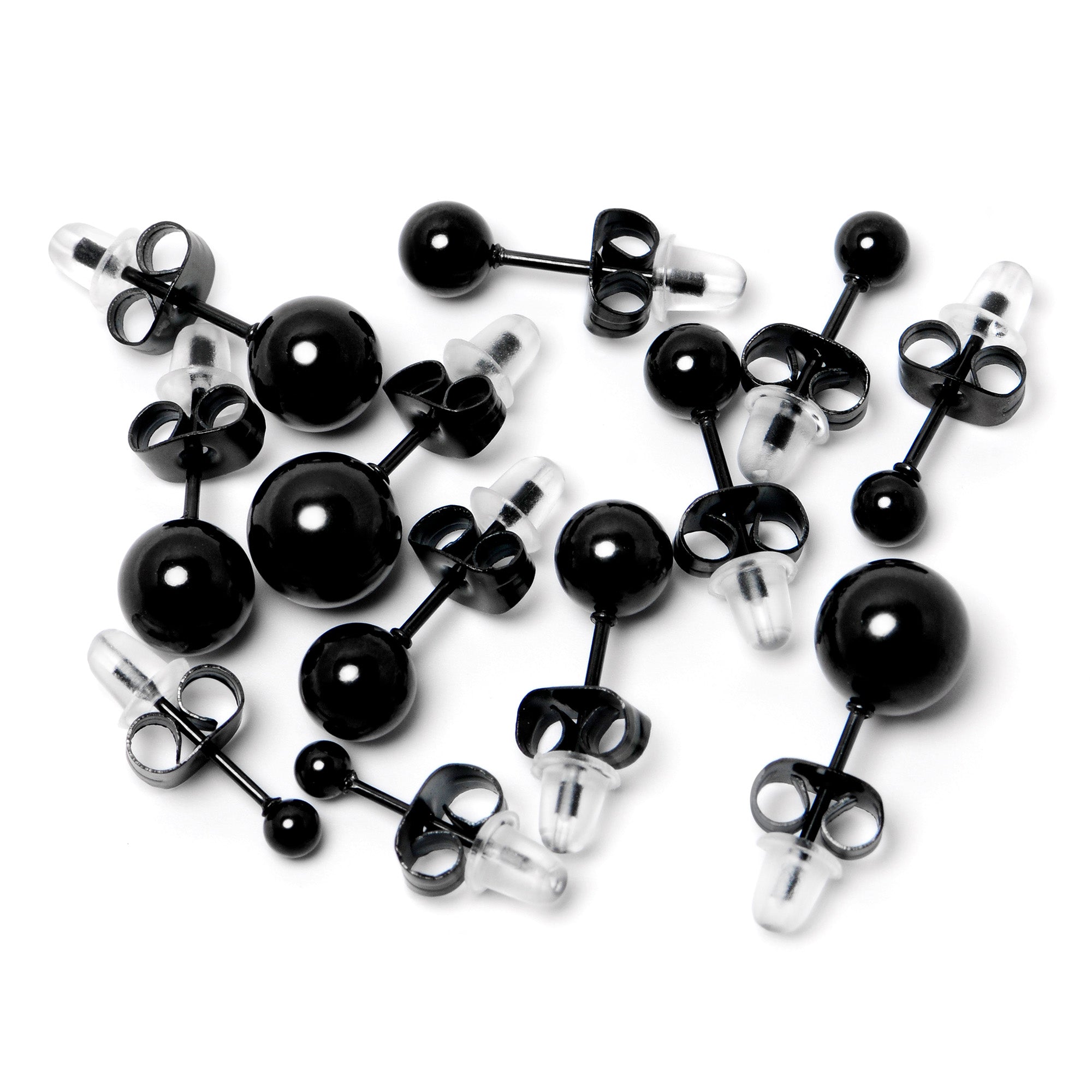 3mm-8mm Ball Stud Black 316L Stainless Steel Earrings 6 Pack