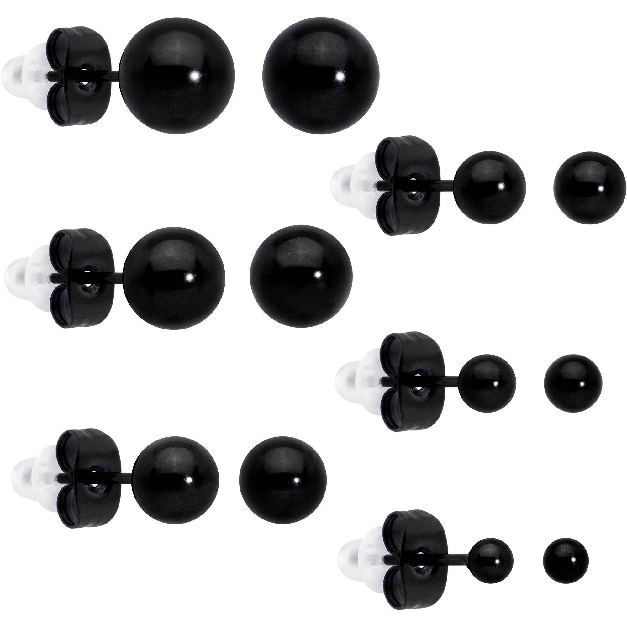 3mm-8mm Ball Stud Black 316L Stainless Steel Earrings 6 Pack