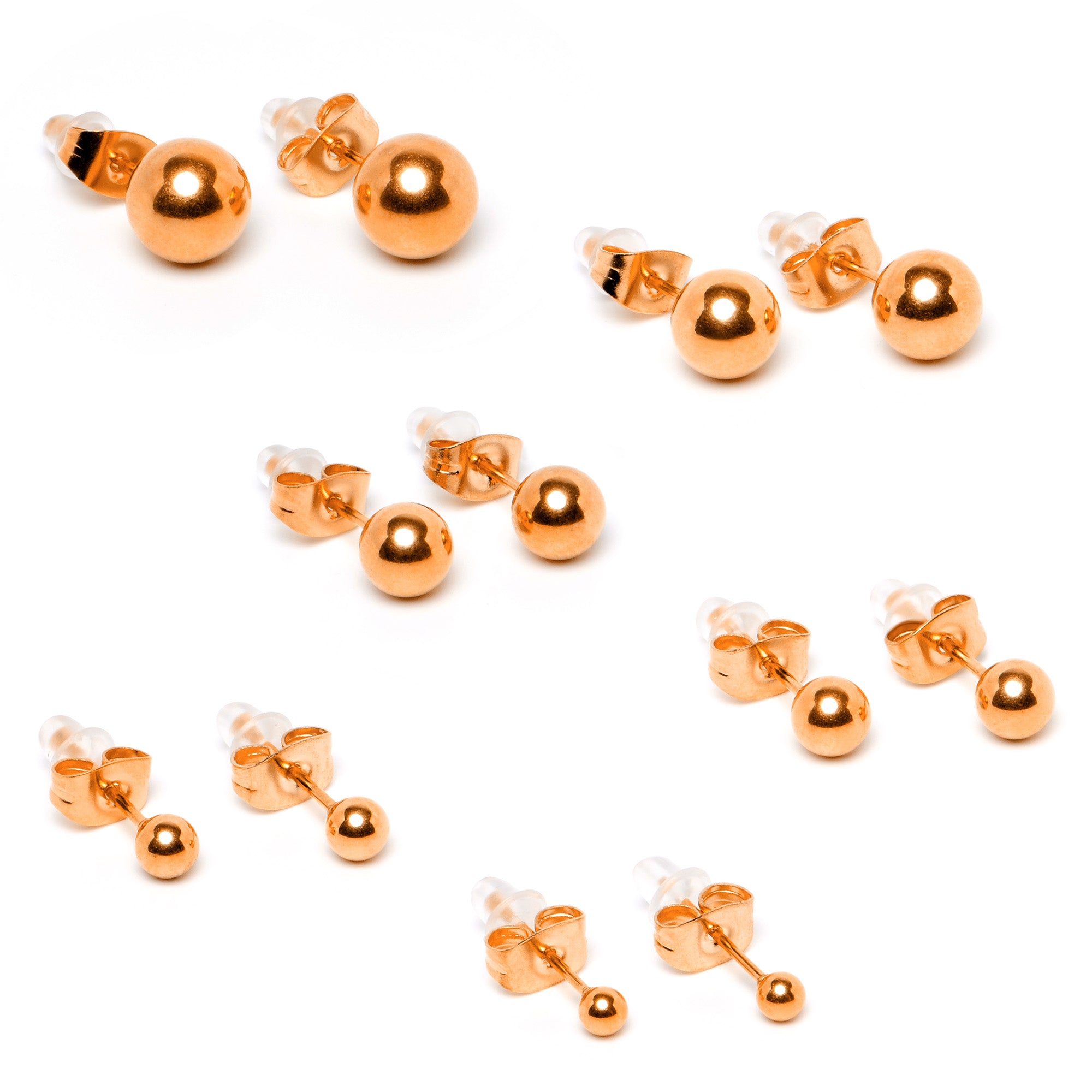 3mm-8mm Ball Stud Rose Gold Tone 316L Stainless Steel Earrings 6 Pack
