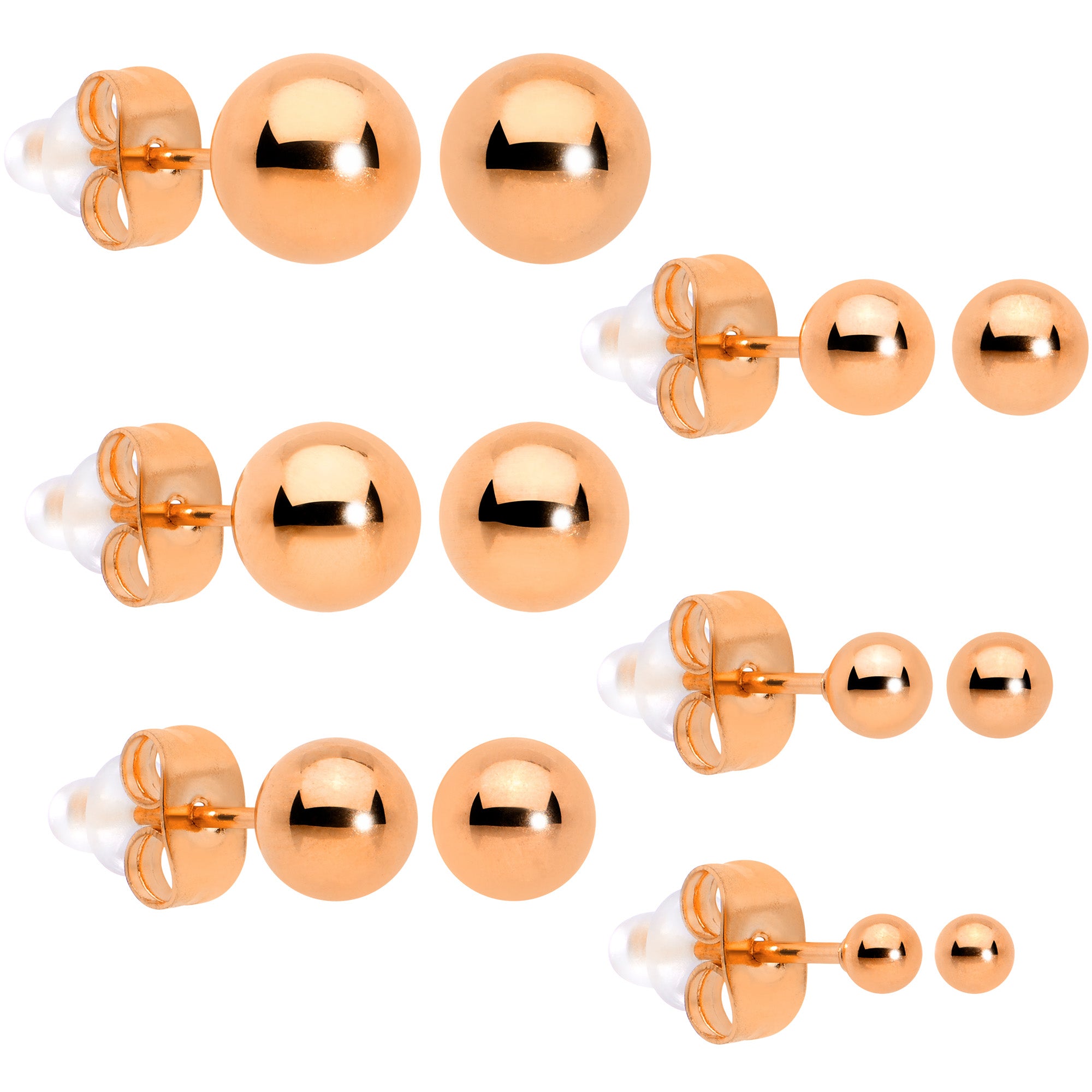 3mm-8mm Ball Stud Rose Gold Tone 316L Stainless Steel Earrings 6 Pack