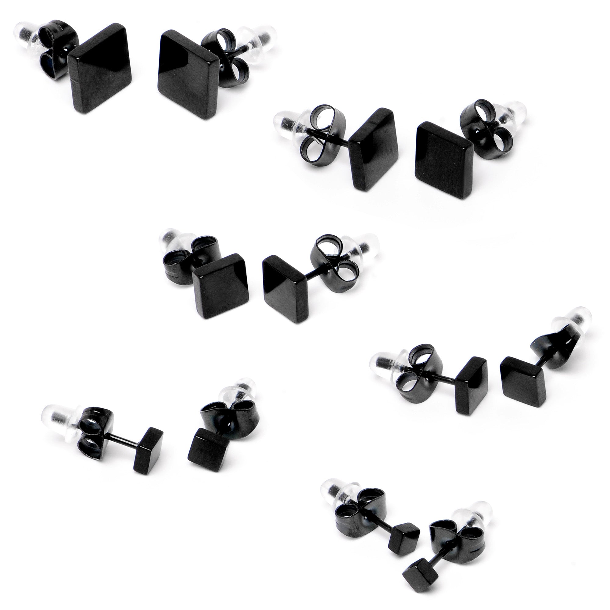 3mm-8mm Square Stud Black 316L Stainless Steel Earrings 6 Pack