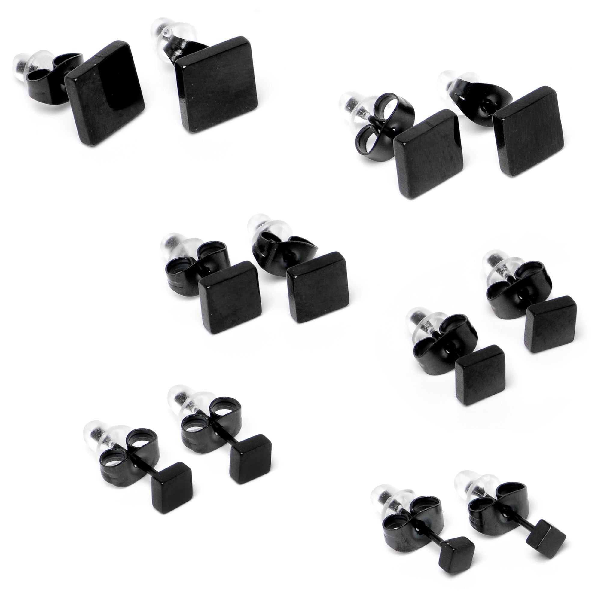 3mm-8mm Square Stud Black 316L Stainless Steel Earrings 6 Pack