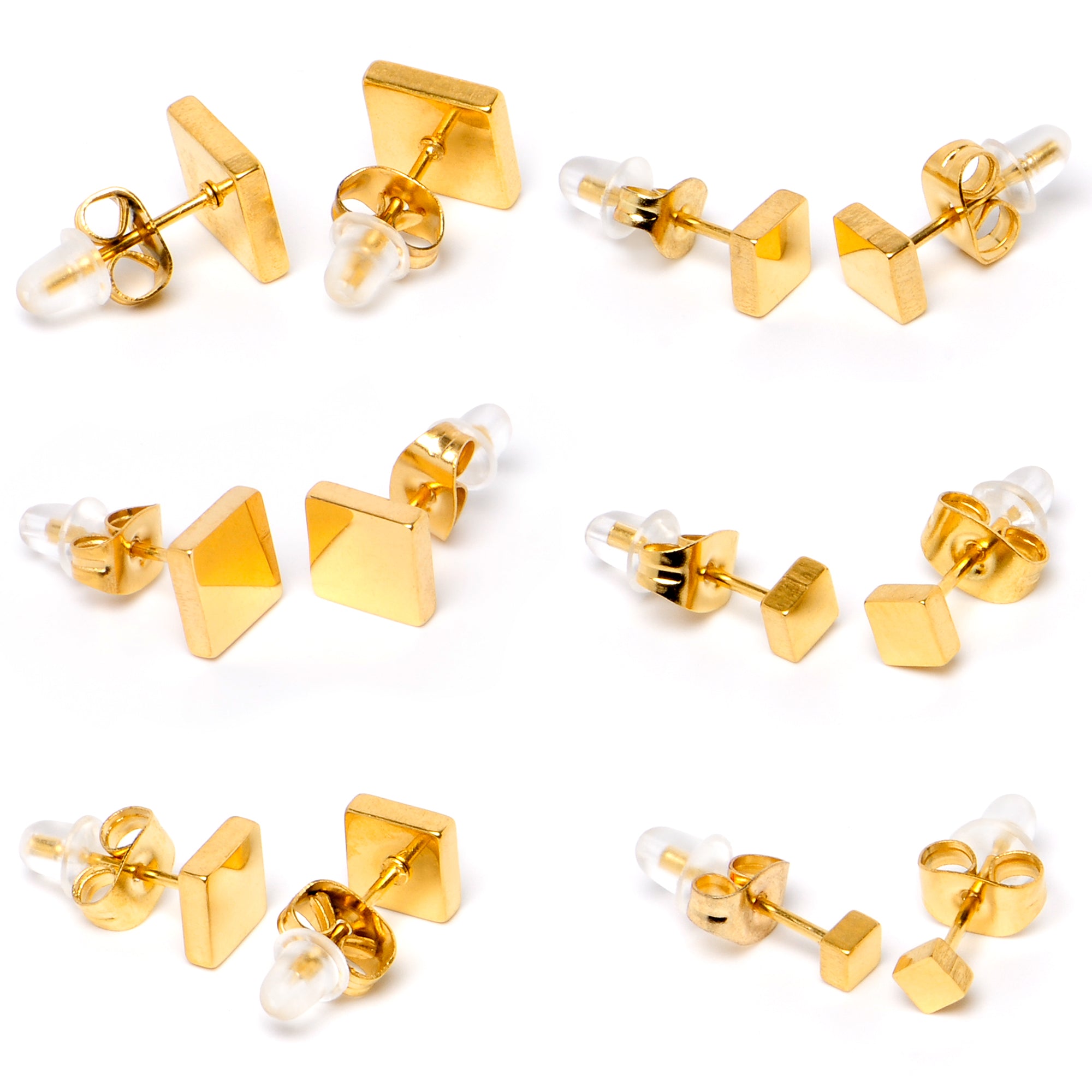 3mm-8mm Square Stud Gold Tone 316L Stainless Steel Earrings 6 Pack