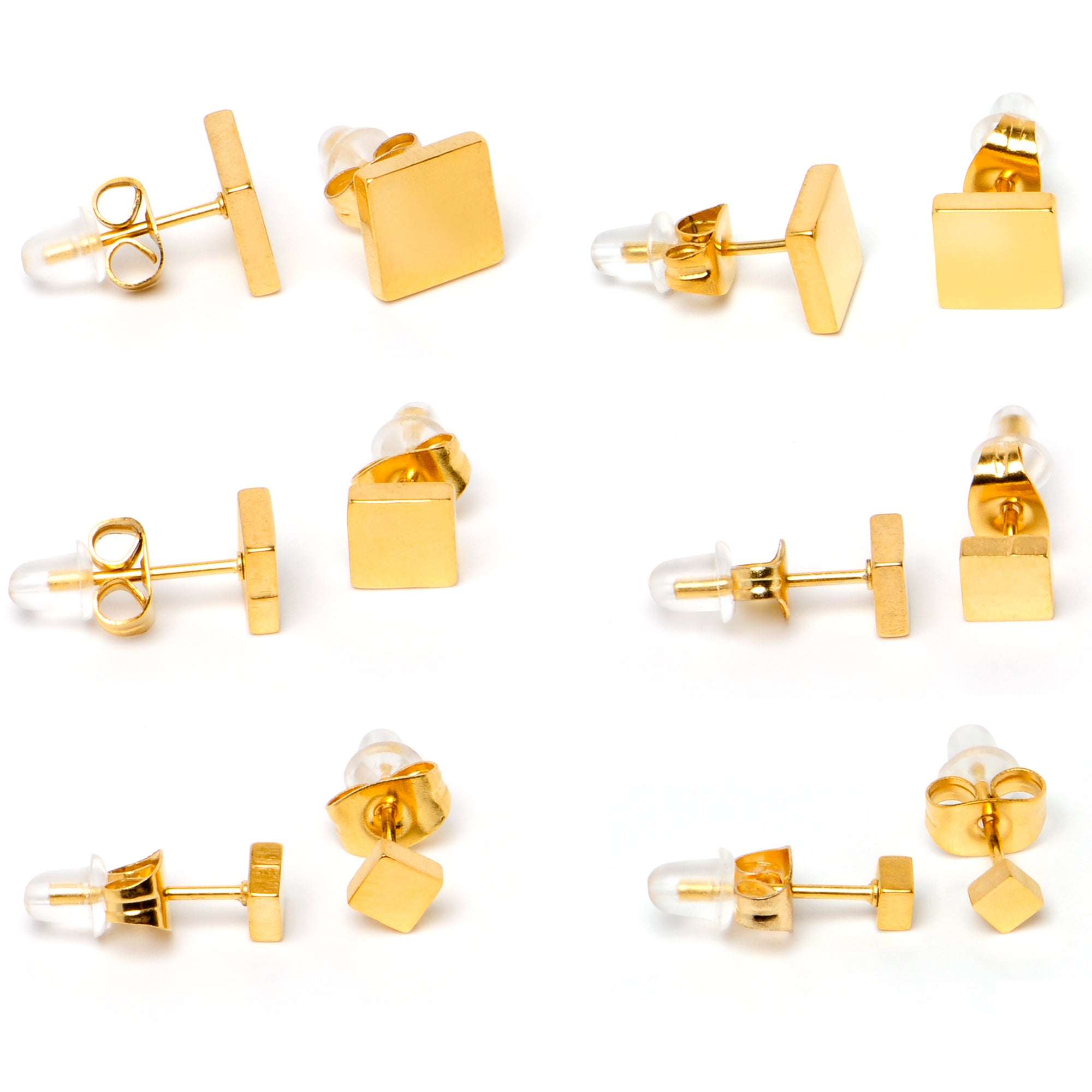 3mm-8mm Square Stud Gold Tone 316L Stainless Steel Earrings 6 Pack