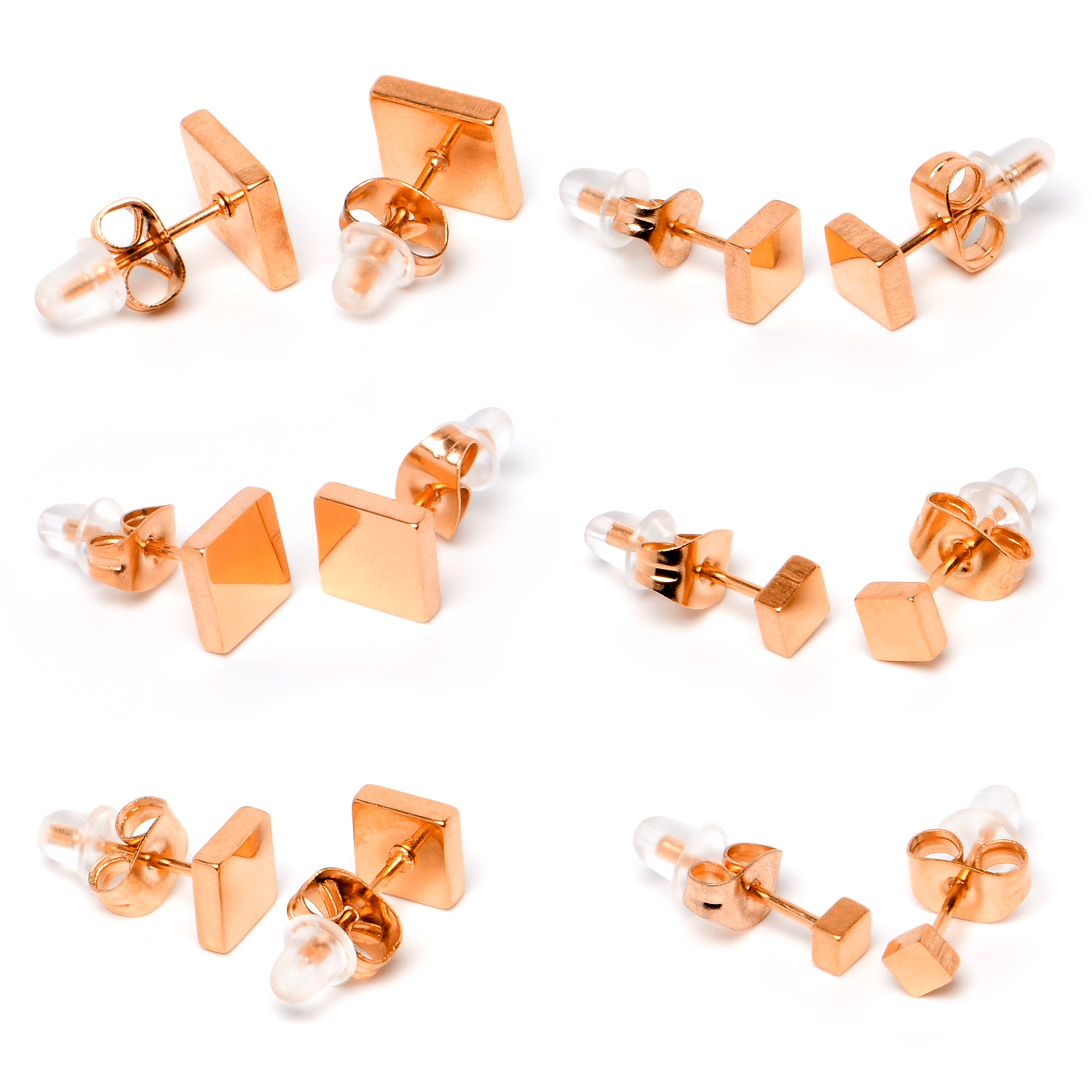 3mm-8mm Square Stud Rose Gold Tone 316L Stainless Steel Earrings 6 Pack
