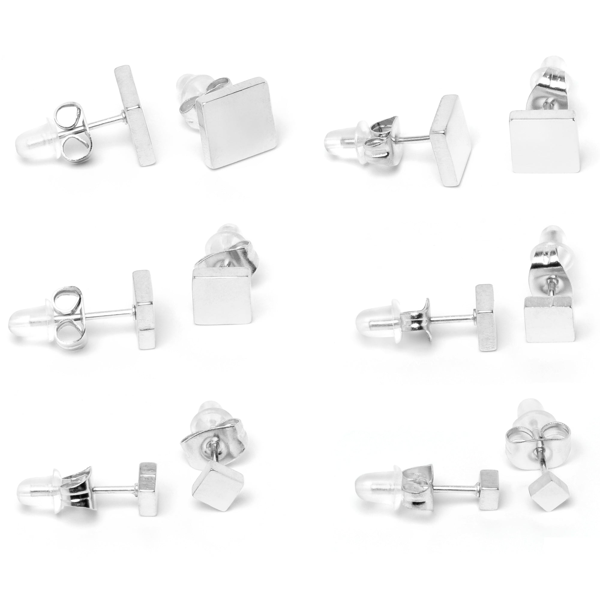 3mm-8mm Square Stud 316L Stainless Steel Earrings 6 Pack