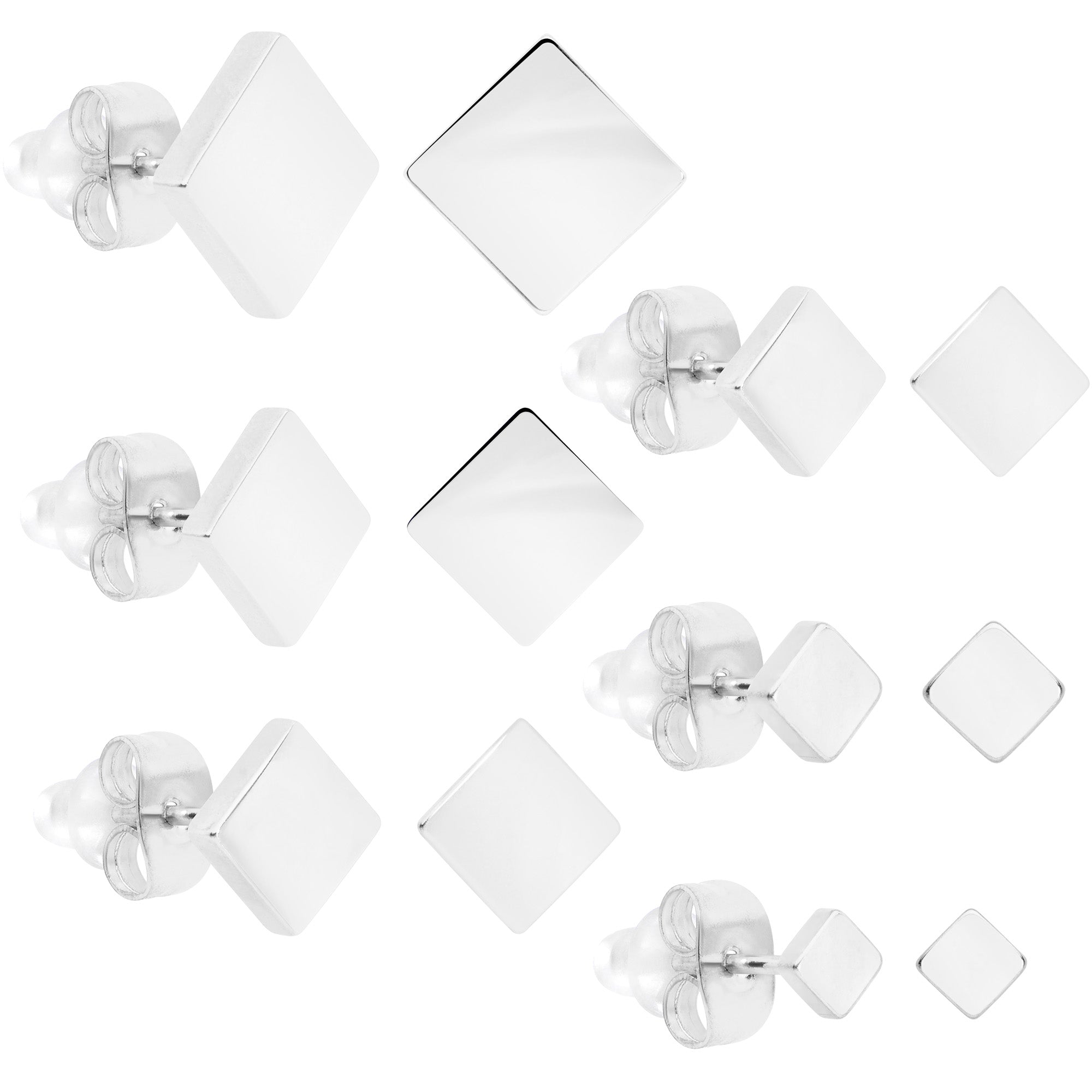 3mm-8mm Square Stud 316L Stainless Steel Earrings 6 Pack