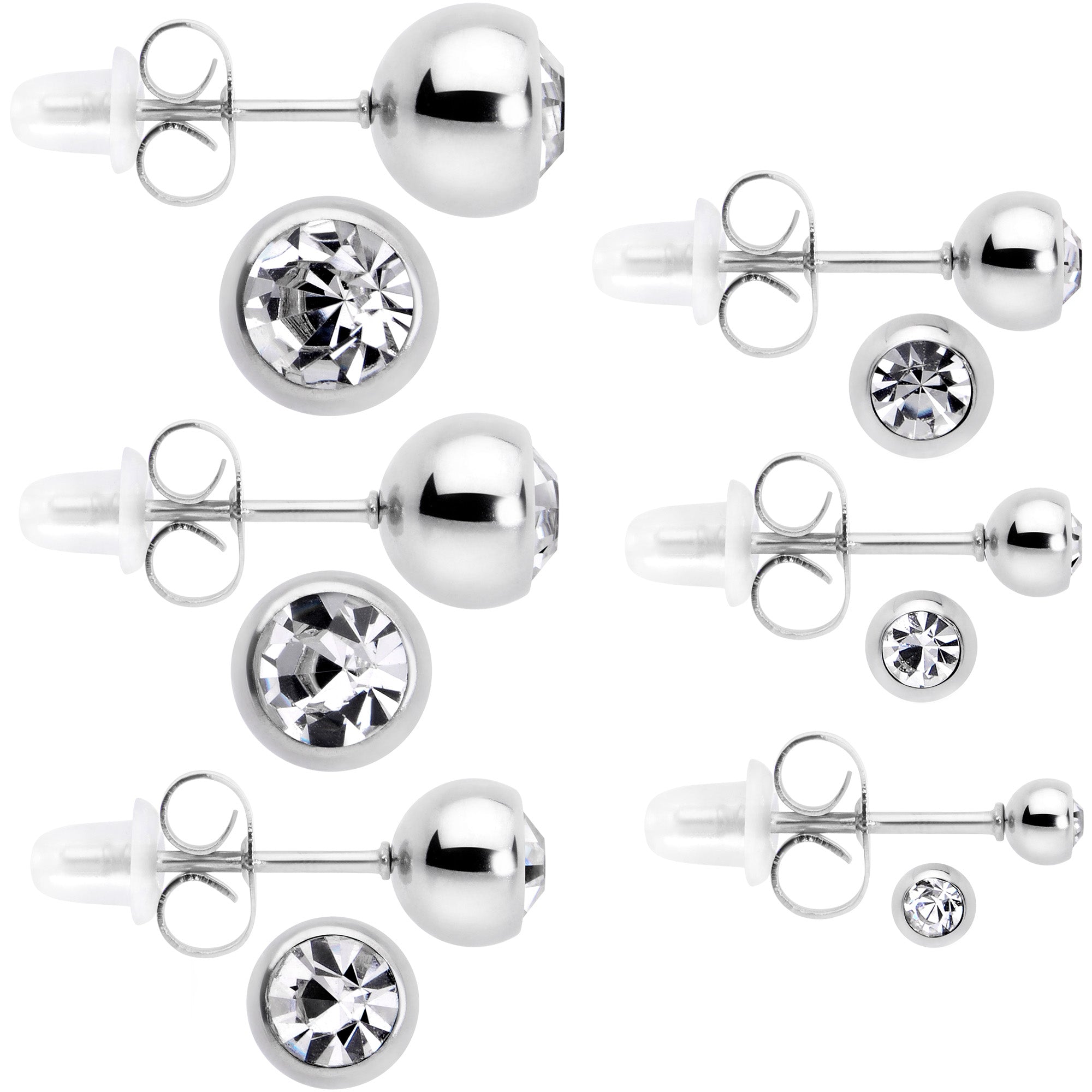 Clear Gem 3mm to 8mm Ball End Stud Earrings Set of 6