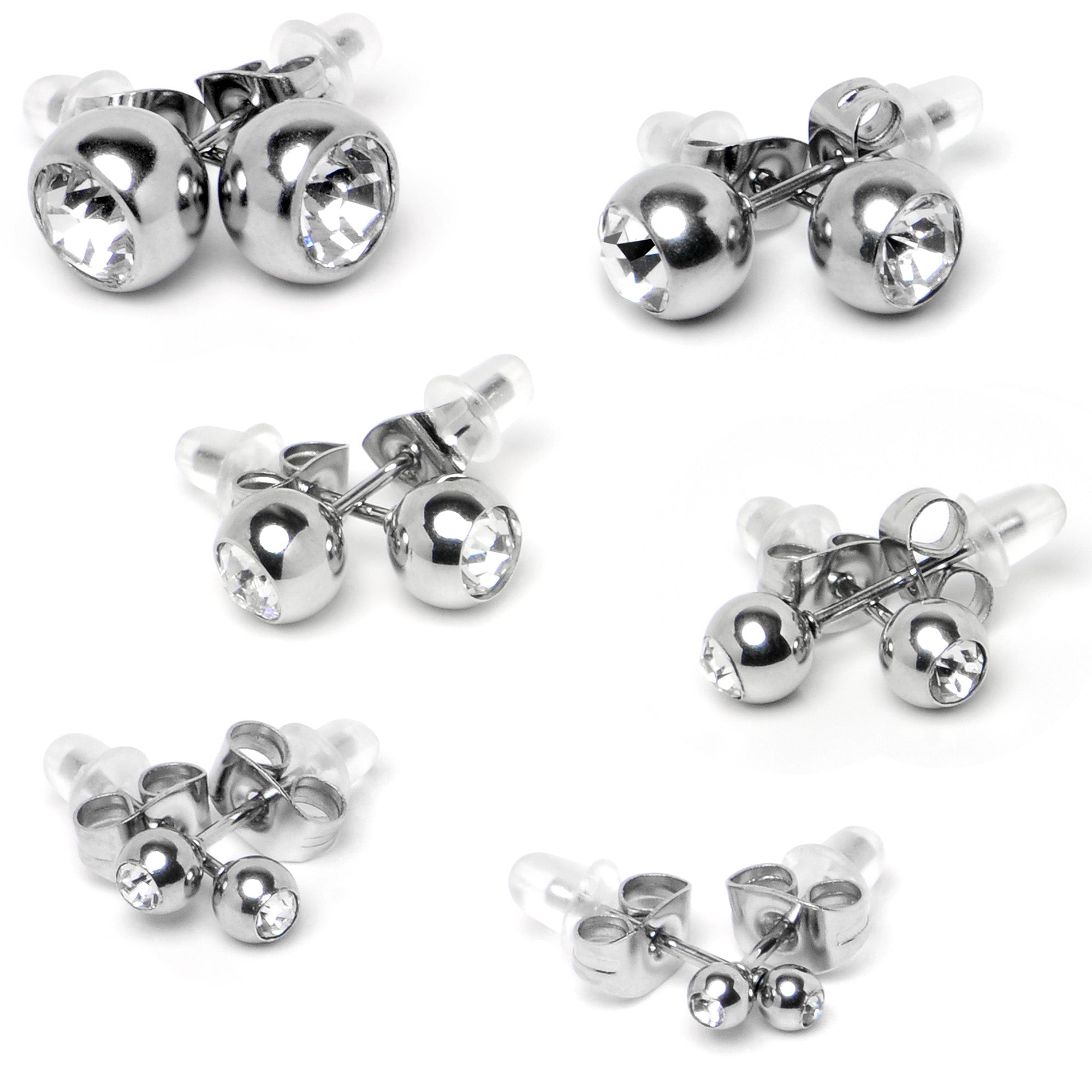 Clear Gem 3mm to 8mm Ball End Stud Earrings Set of 6