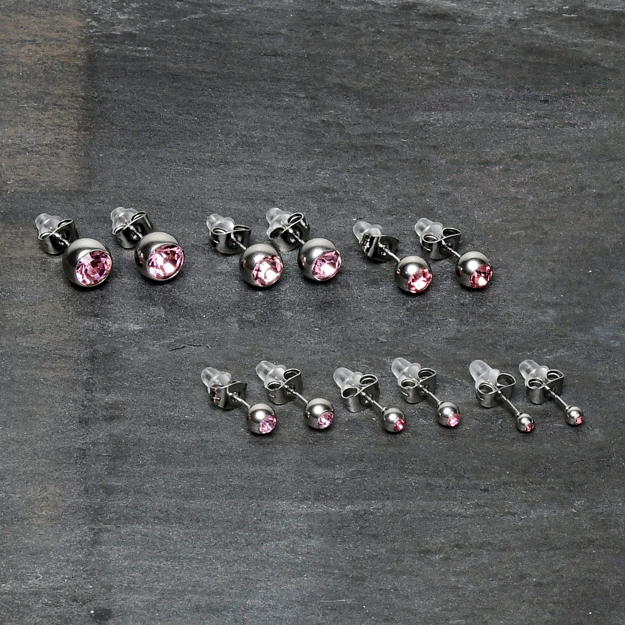Pink Gem 3mm to 8mm Ball End Stud Earrings Set of 6