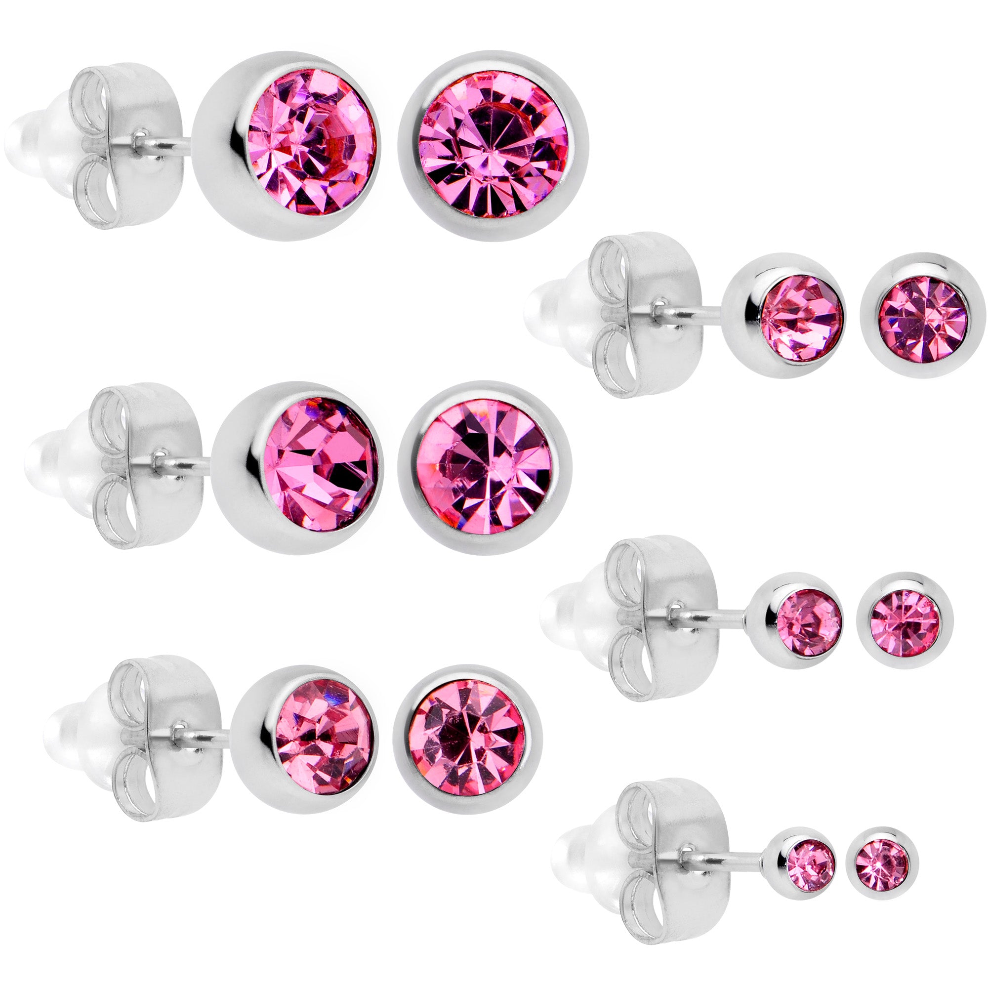 Pink Gem 3mm to 8mm Ball End Stud Earrings Set of 6