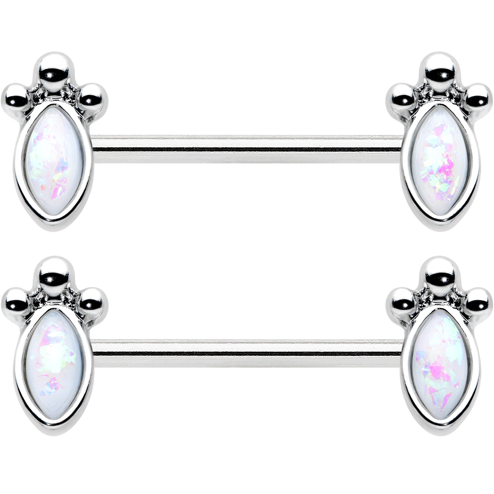 14G 9/16 White Faux Opal Deco Ovals Barbell Nipple Ring Set