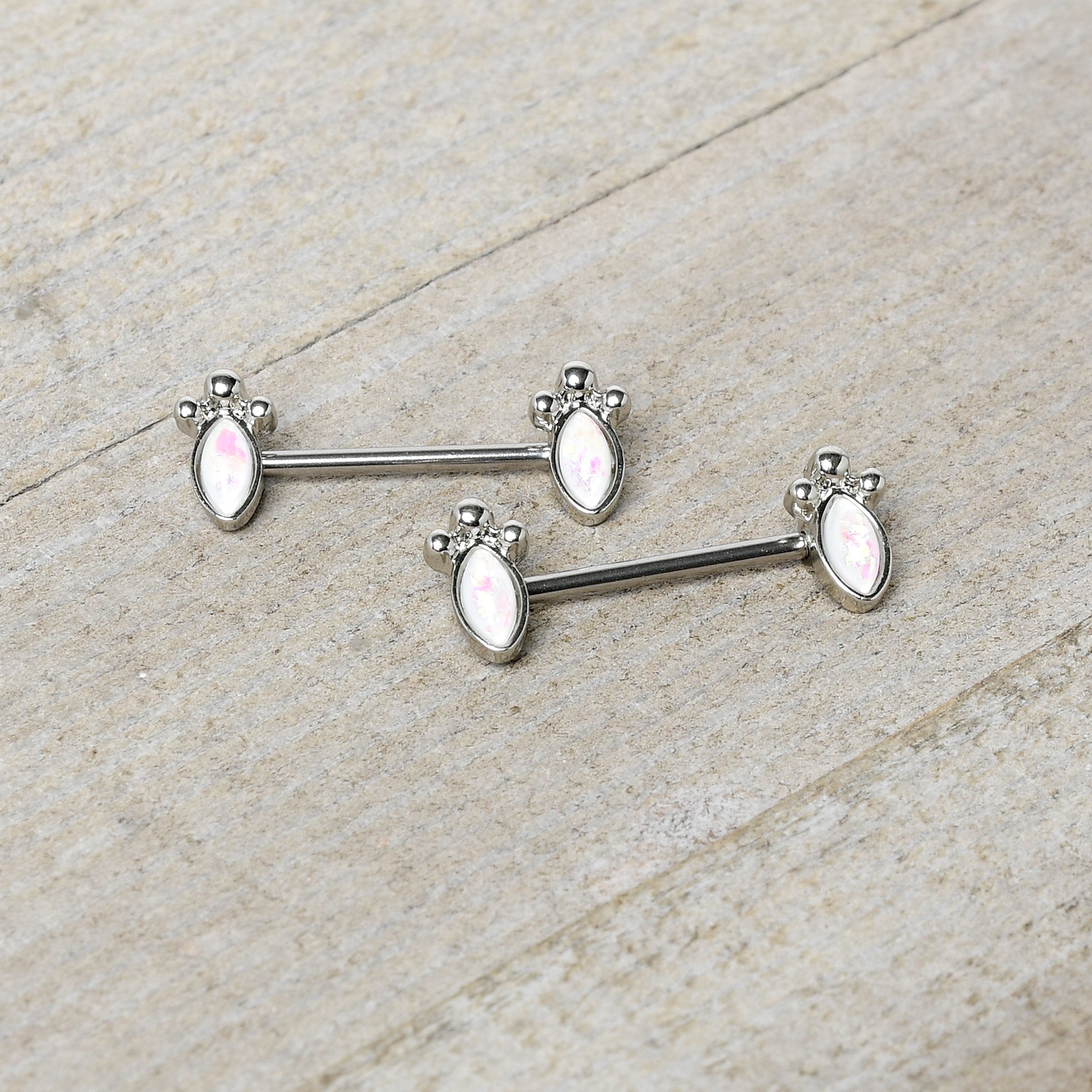 14G 9/16 White Faux Opal Deco Ovals Barbell Nipple Ring Set