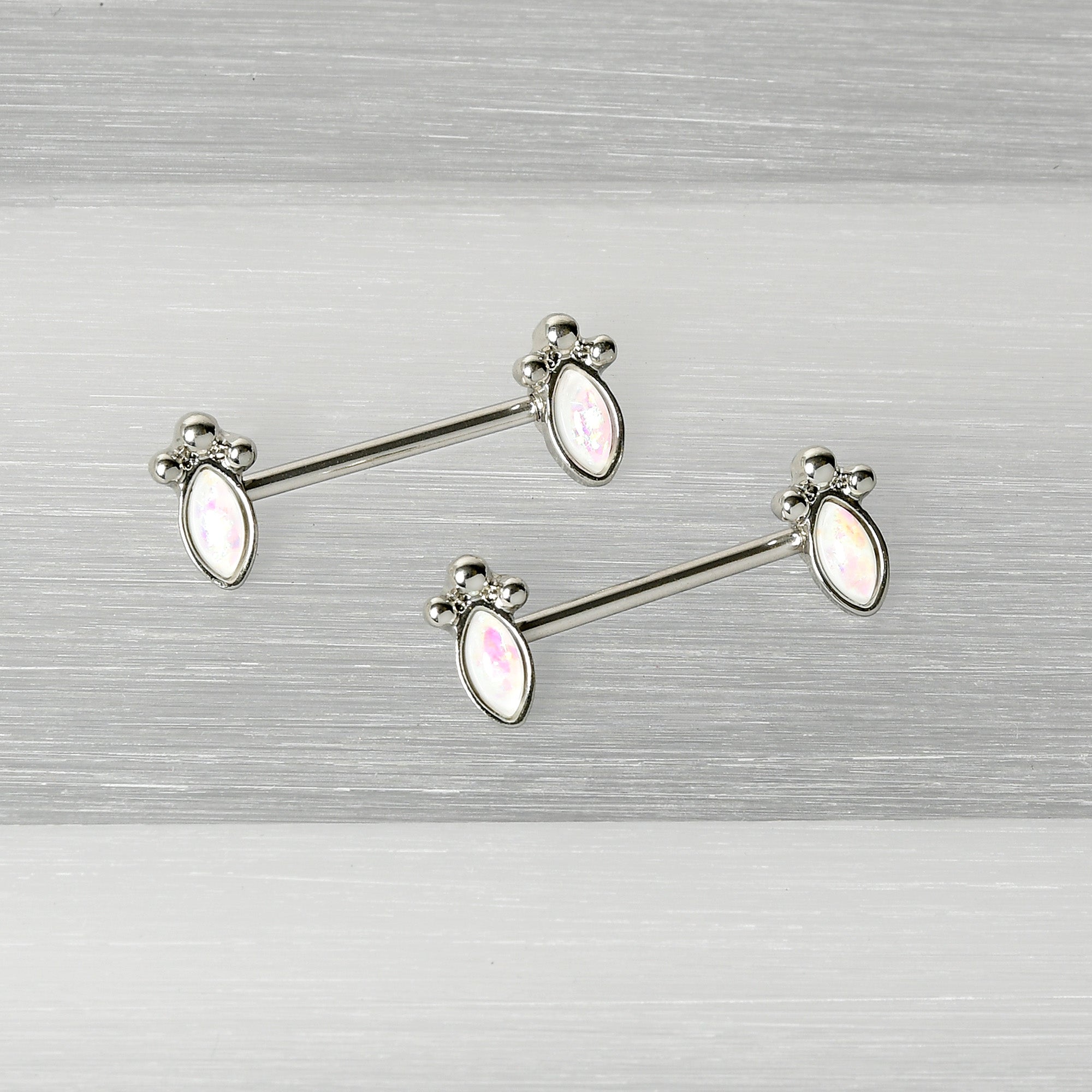 14G 9/16 White Faux Opal Deco Ovals Barbell Nipple Ring Set