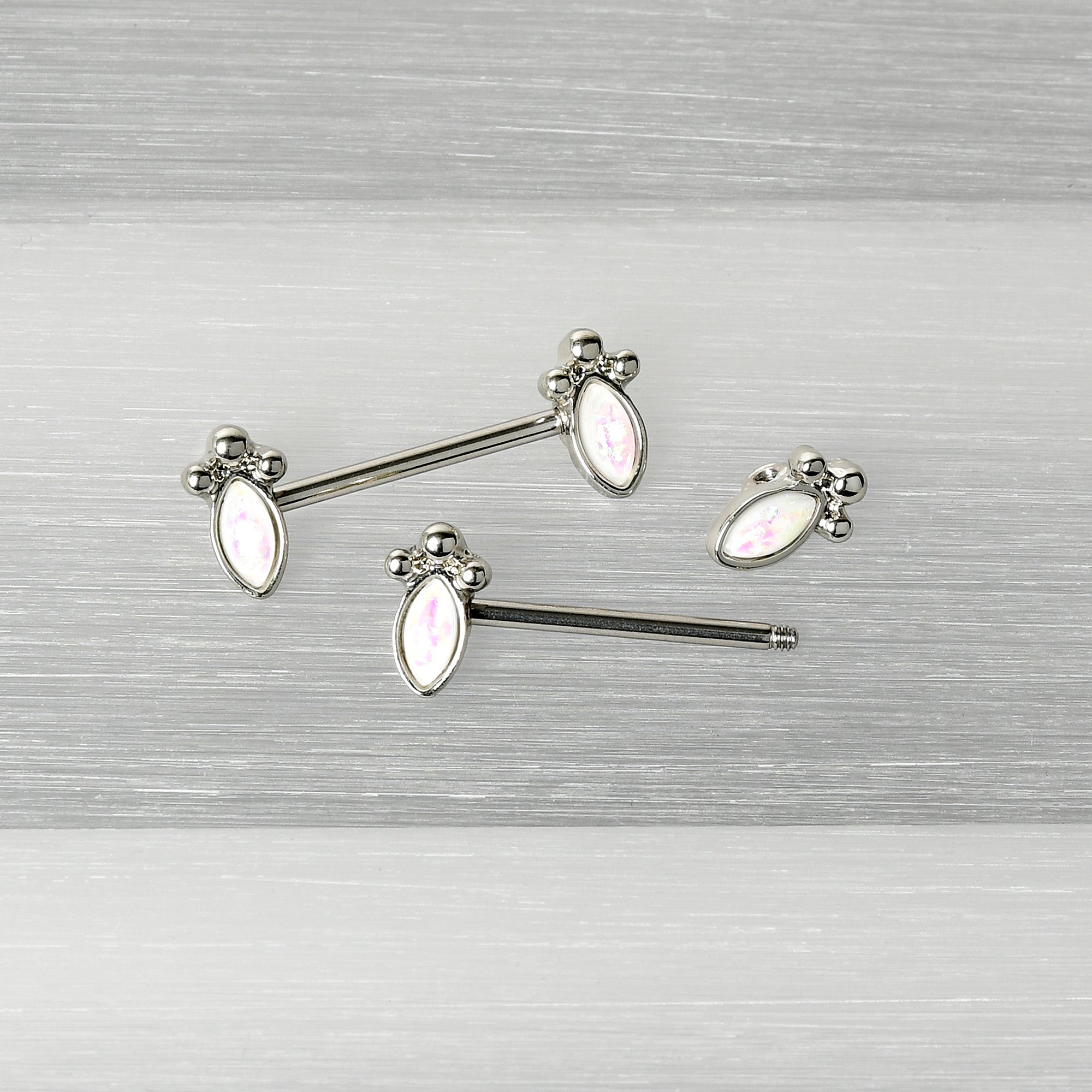 14G 9/16 White Faux Opal Deco Ovals Barbell Nipple Ring Set