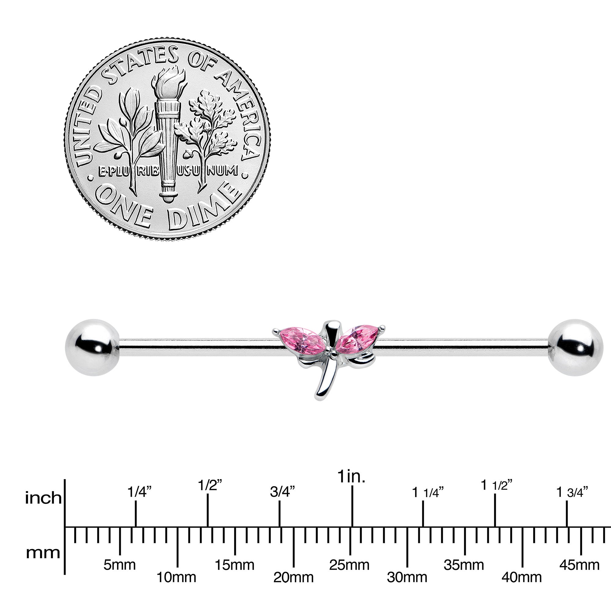 14 Gauge Pink Gem Simple Stylized Dragonfly Industrial Barbell 38mm