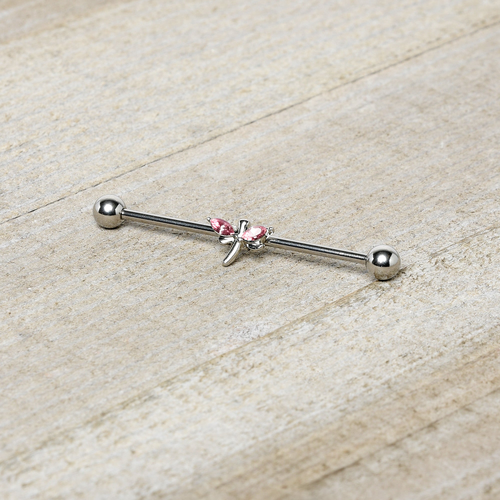 14 Gauge Pink Gem Simple Stylized Dragonfly Industrial Barbell 38mm