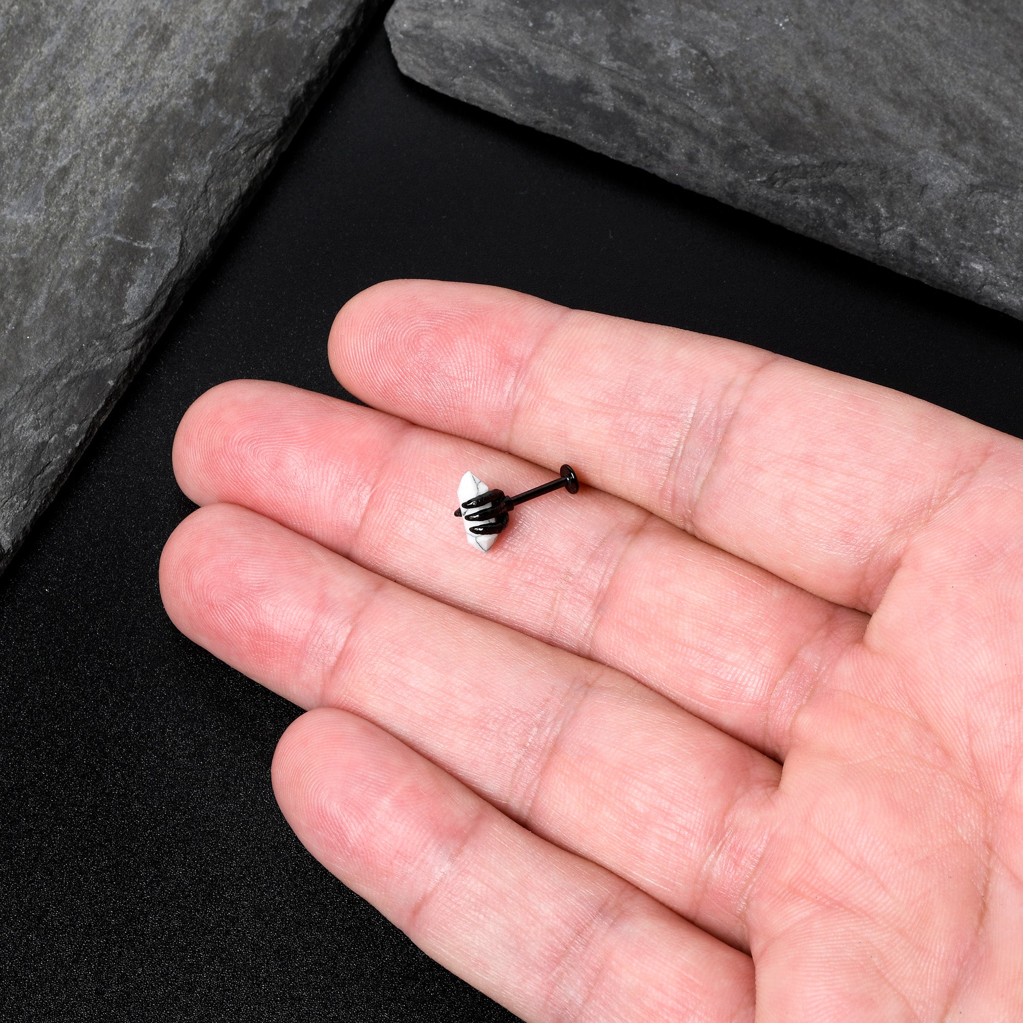 16G 5/16 White Howlite Black Claw Obelisk Labret Monroe Tragus