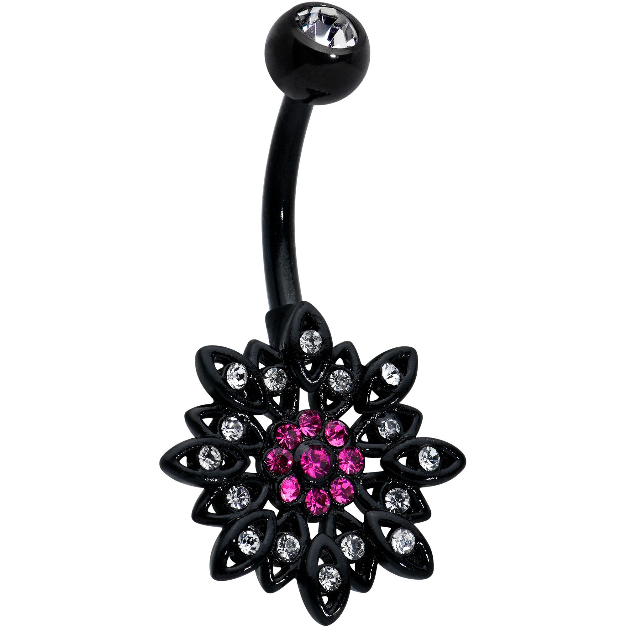 Clear Pink Gem Black Midnight Flower Blooming Belly Ring