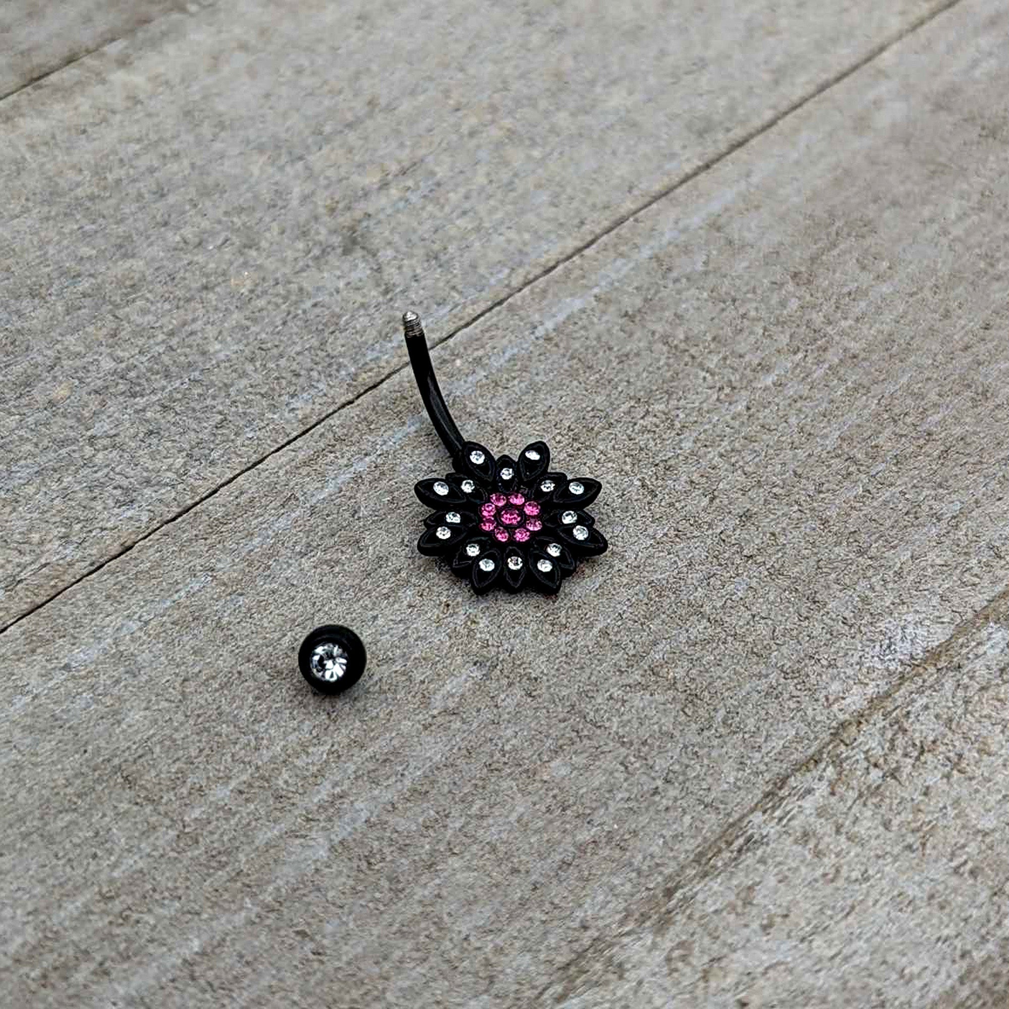 Clear Pink Gem Black Midnight Flower Blooming Belly Ring