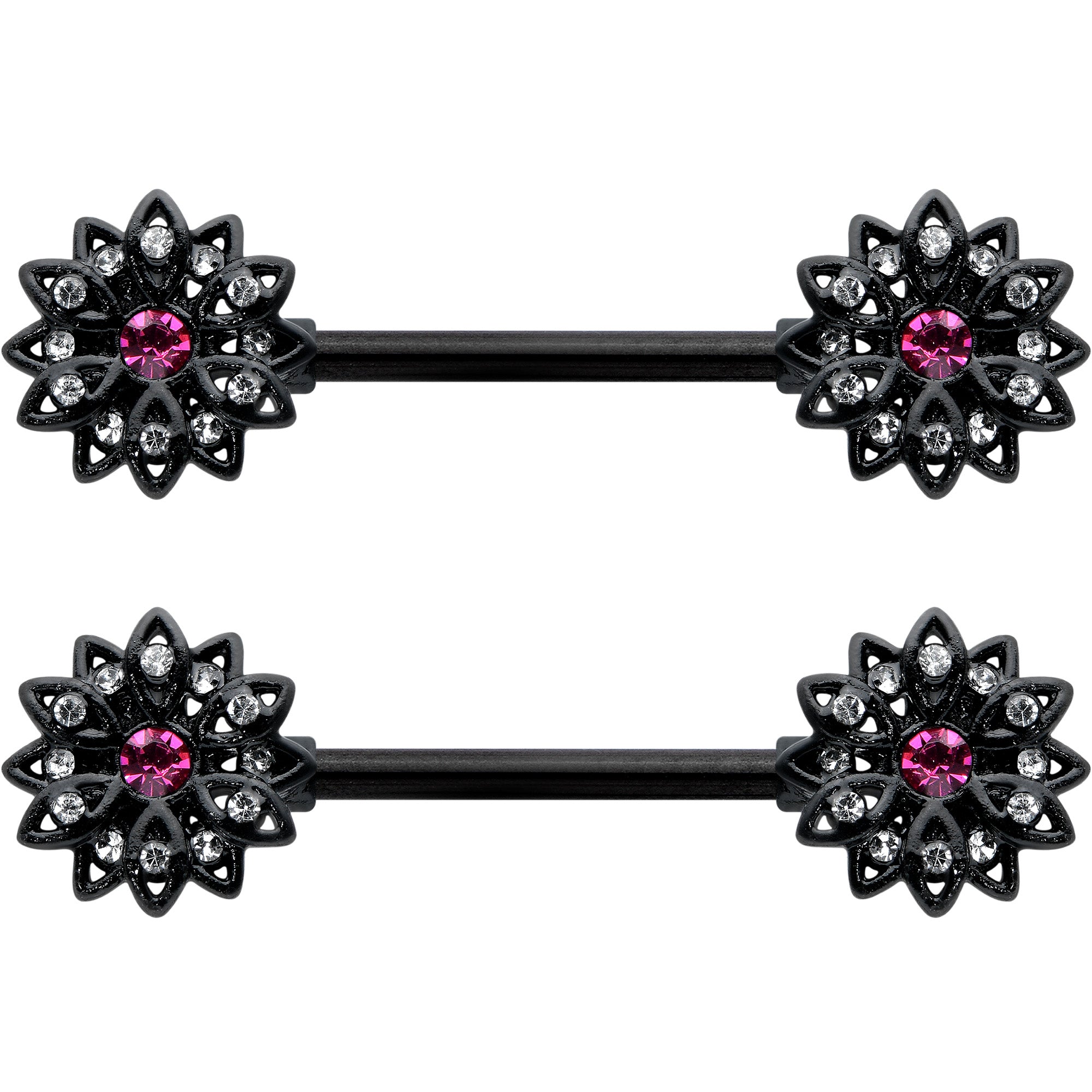 14G 9/16 Clear Gem Black Midnight Flower Barbell Nipple Ring Set