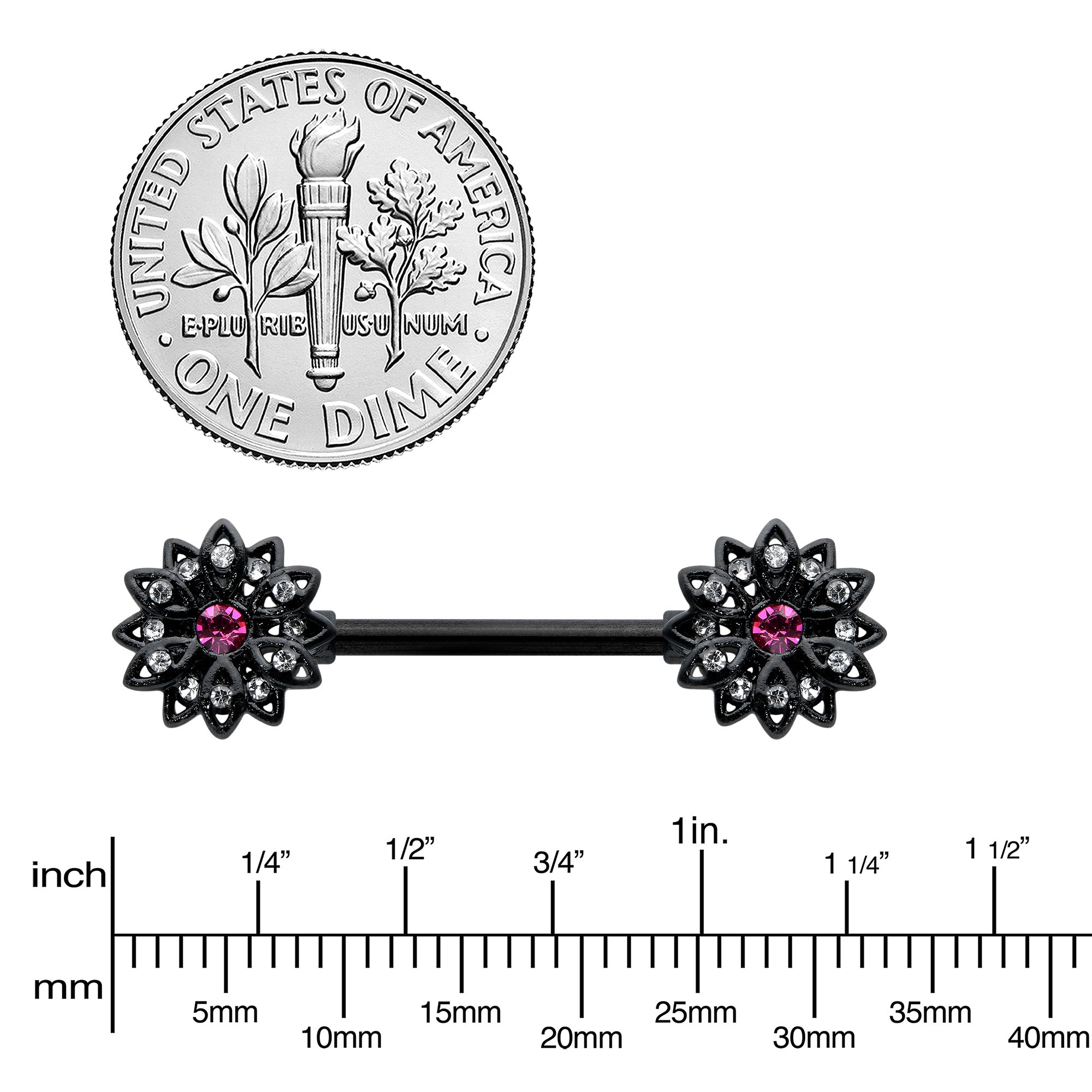 14G 9/16 Clear Gem Black Midnight Flower Barbell Nipple Ring Set