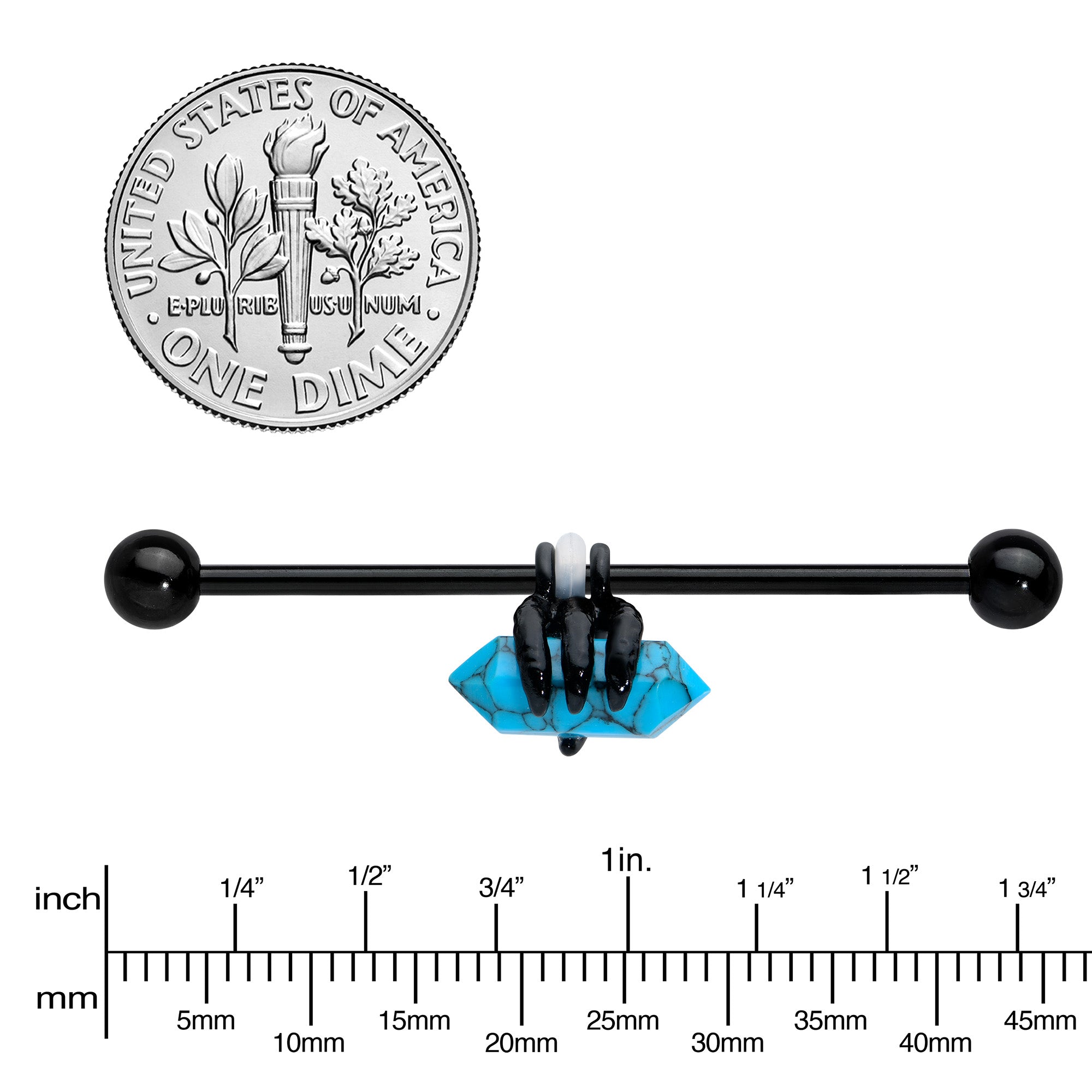 14G Blue Turquoise Black Claw Industrial Barbell 38mm