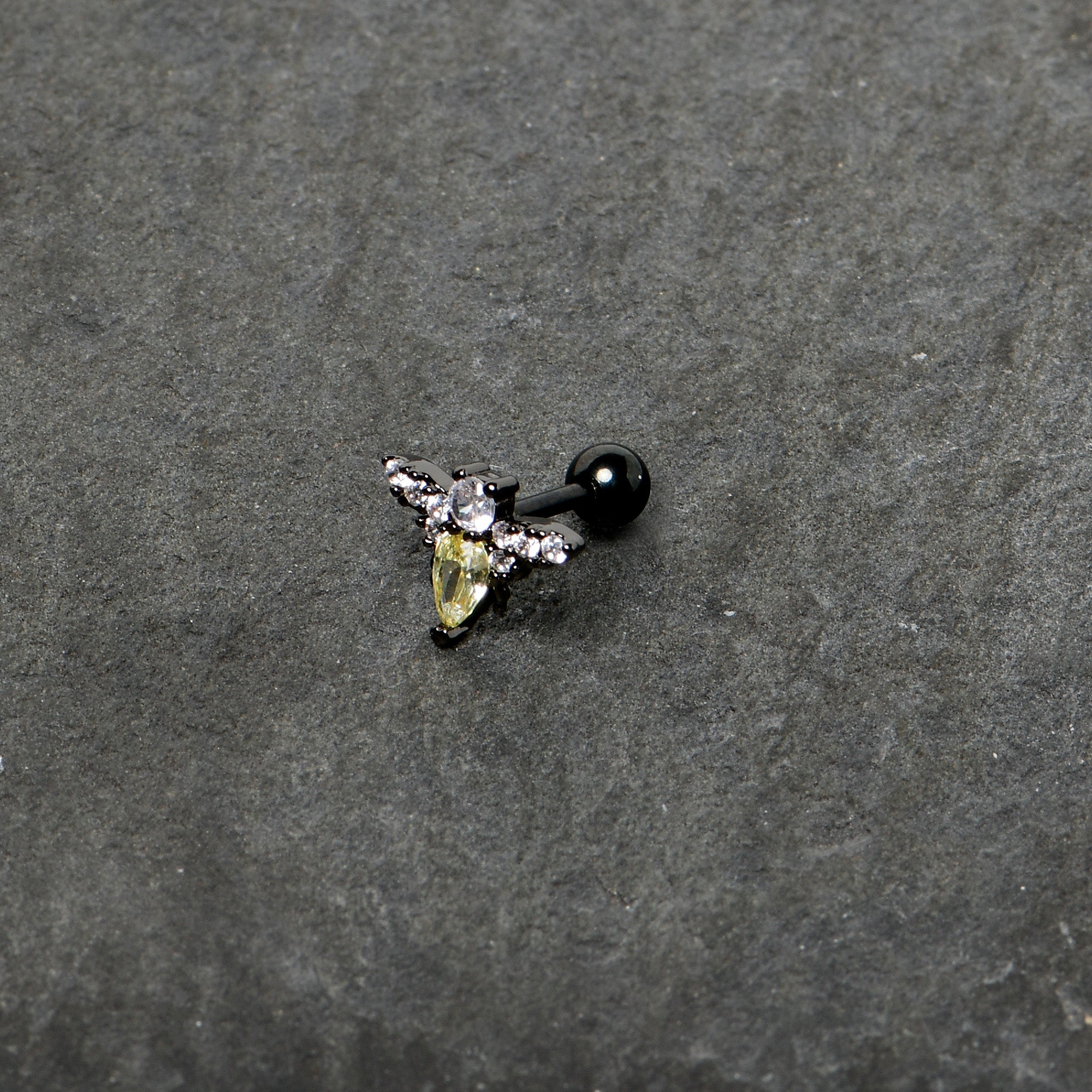 16G 1/4 Clear Yellow Gem Black Butterfly Cartilage Tragus Earring
