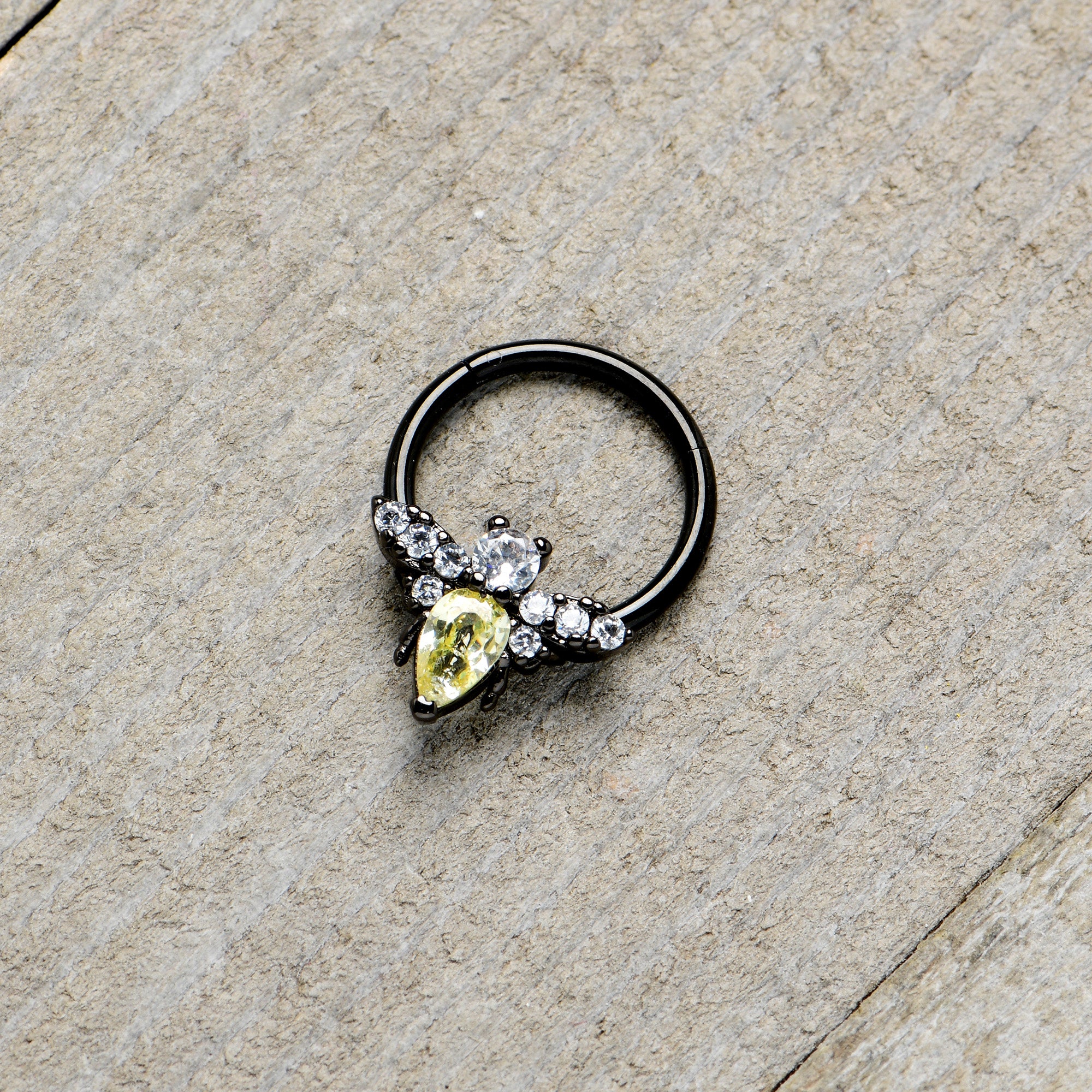 16 Gauge 3/8 Yellow Clear Gem Black Butterfly Hinged Segment Ring