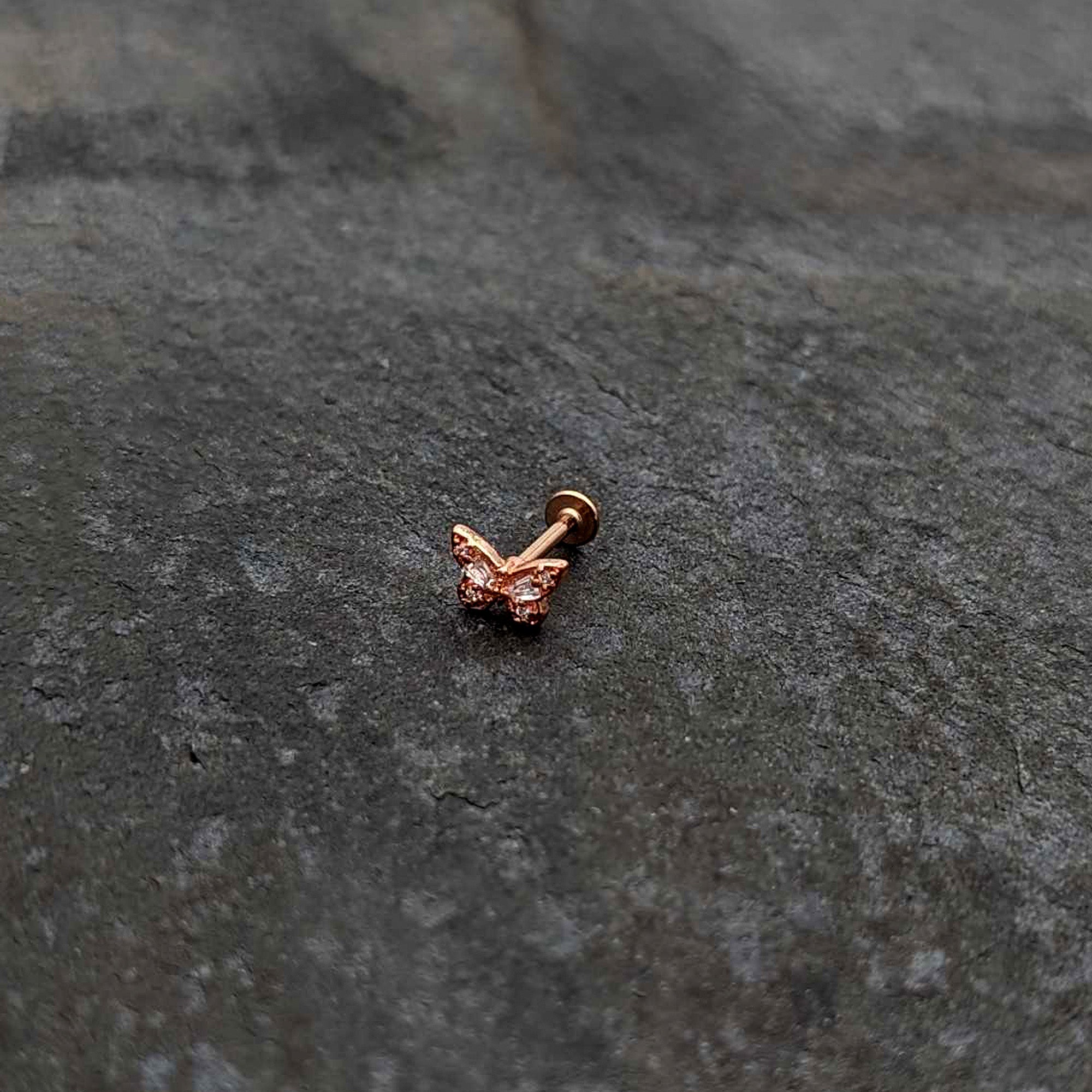 16G 5/16 Clear Gem Rose Gold Tone Opulent Butterfly Labret Tragus