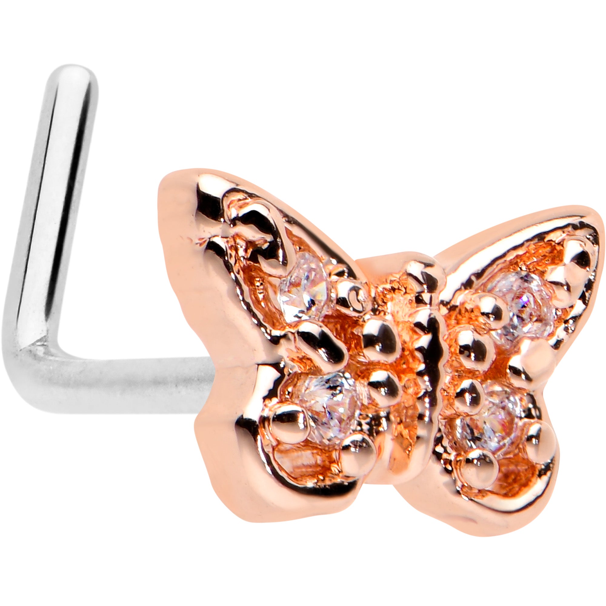 20 Gauge 7mm Clear Gem Baroque Rosy Butterfly L Shape Nose Ring