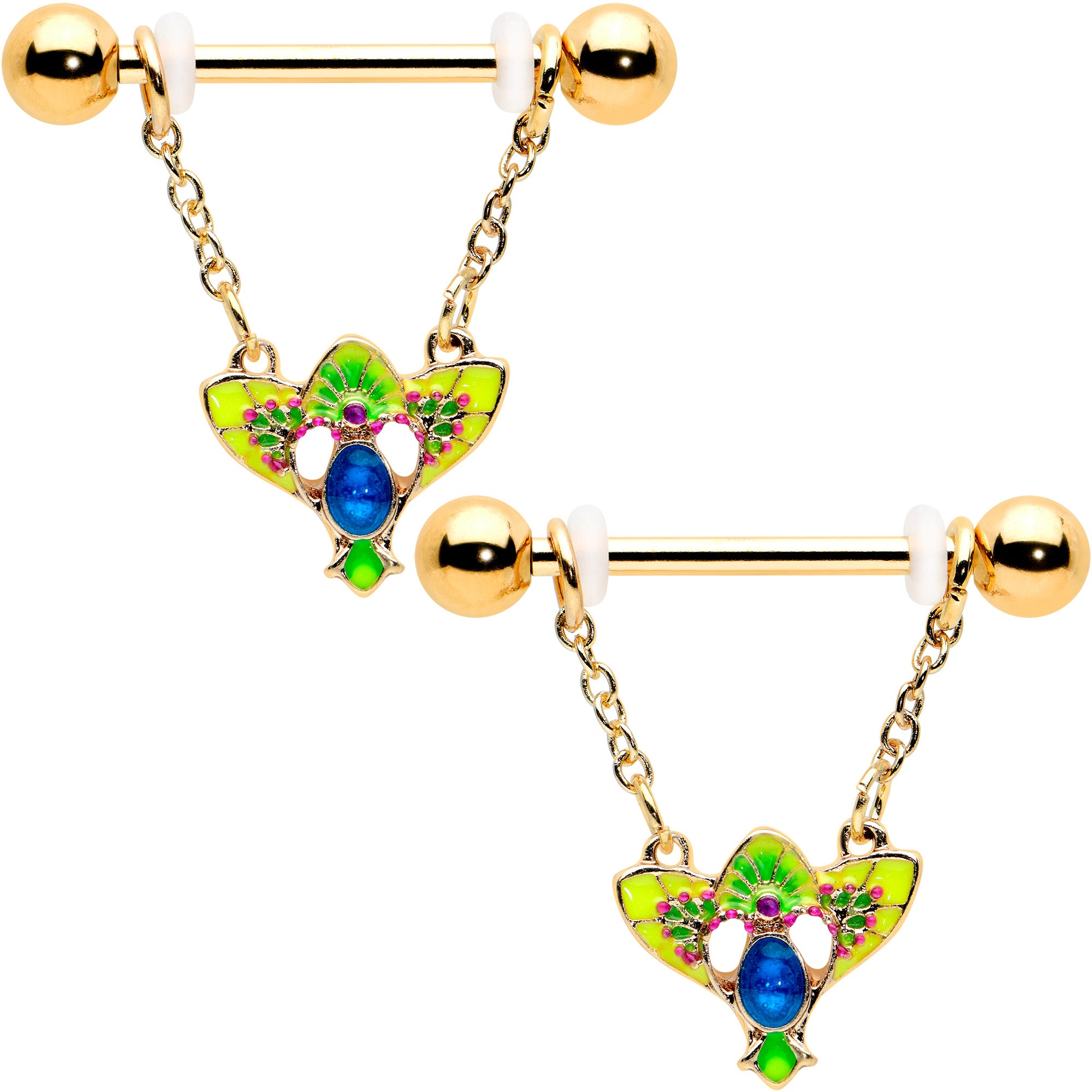 14 Gauge 9/16 Blue Gem Gold Hue Tropic Fan Chain Dangle Nipple Ring Set