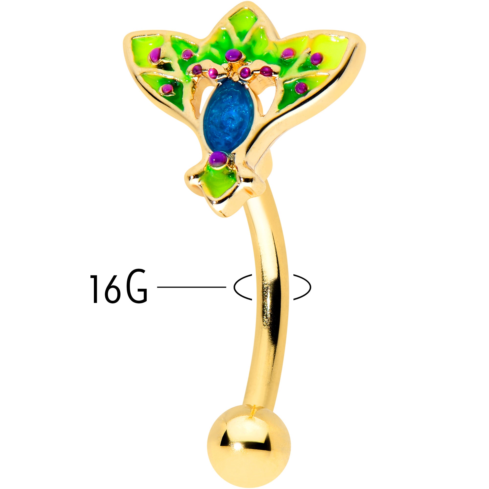 16 Gauge 5/16 Blue Gem Gold Tone Tropic Fan Curved Eyebrow Ring