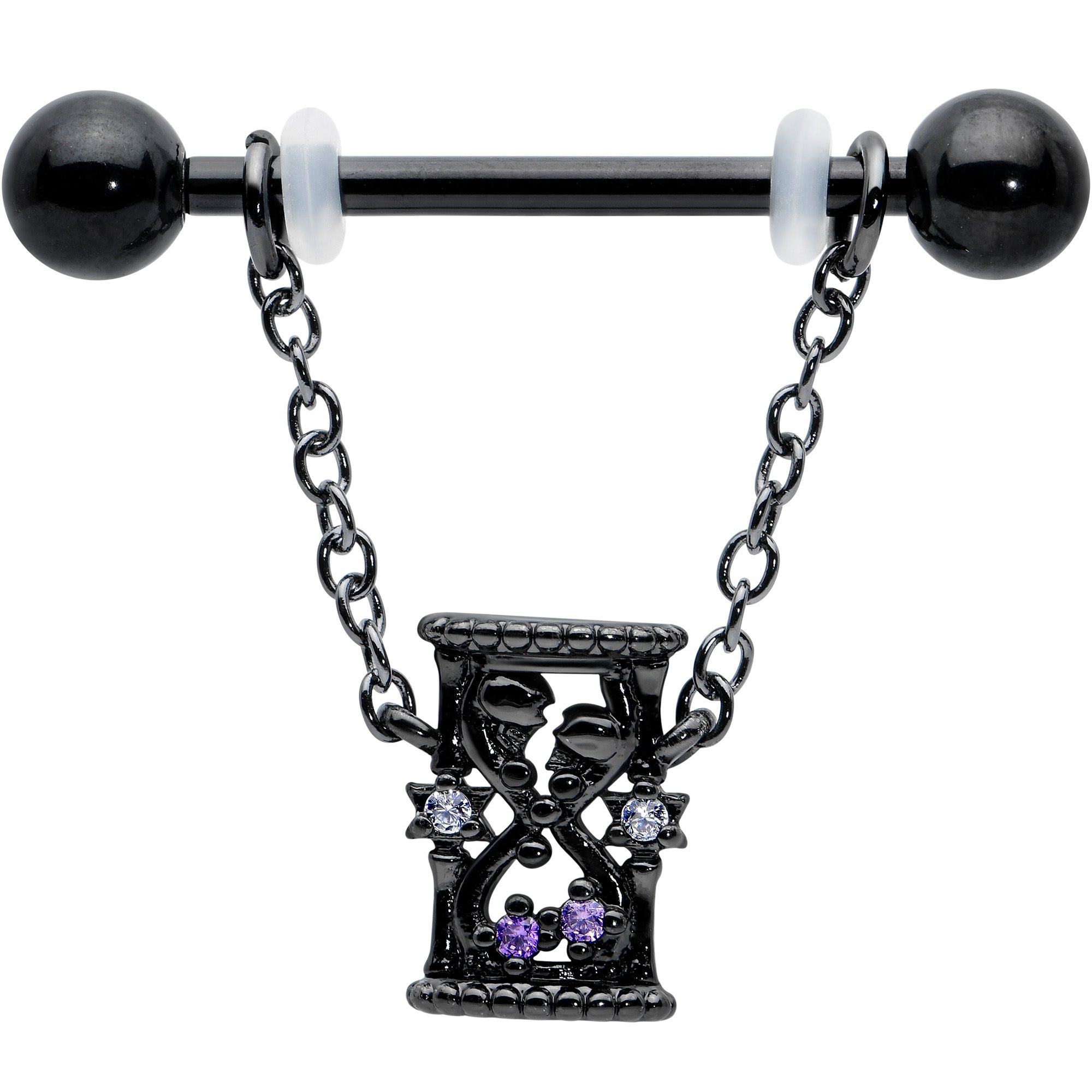 14G 5/8 Purple Gem Black Goth Hourglass Chain Dangle Nipple Ring Set