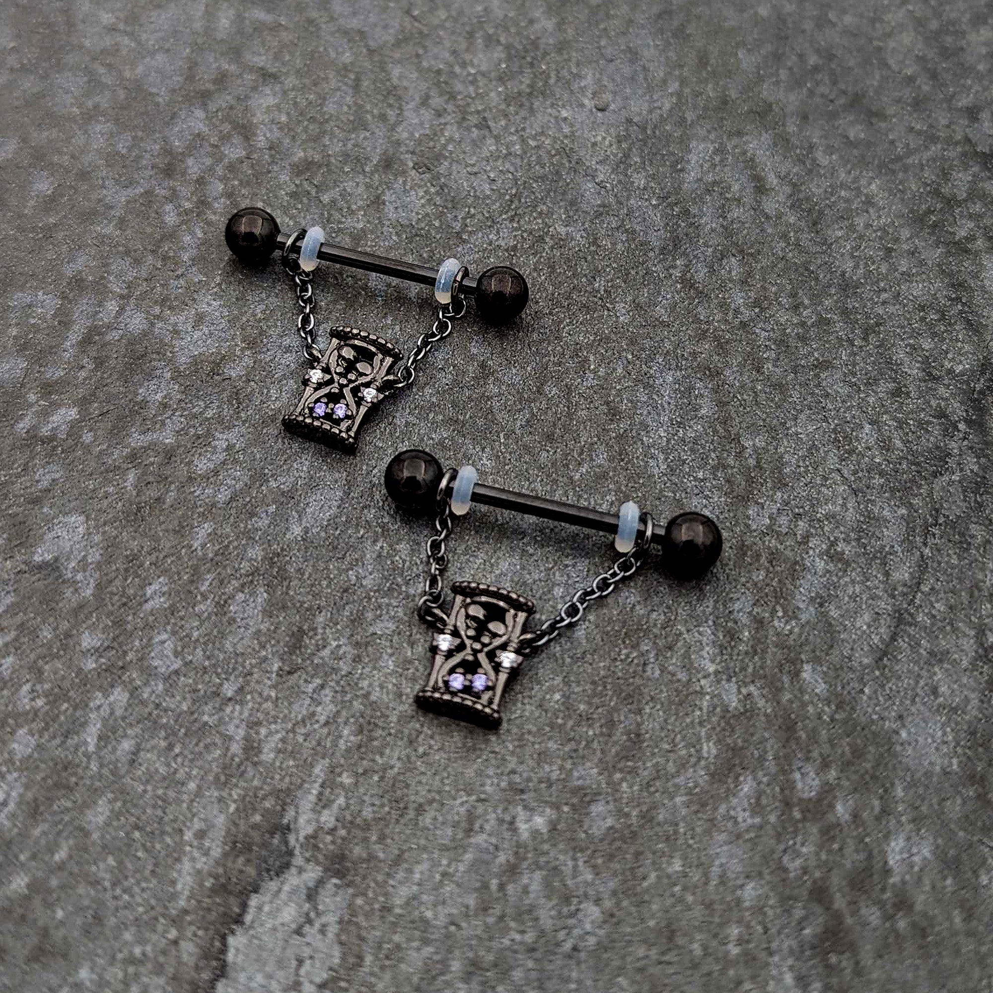 14G 5/8 Purple Gem Black Goth Hourglass Chain Dangle Nipple Ring Set