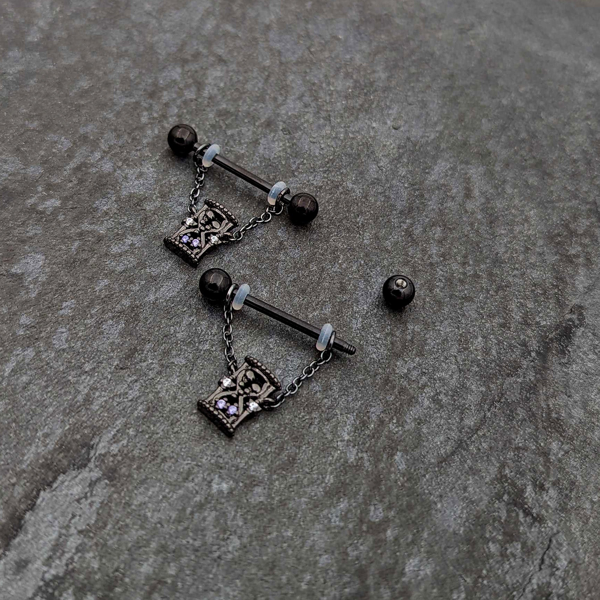 14G 5/8 Purple Gem Black Goth Hourglass Chain Dangle Nipple Ring Set