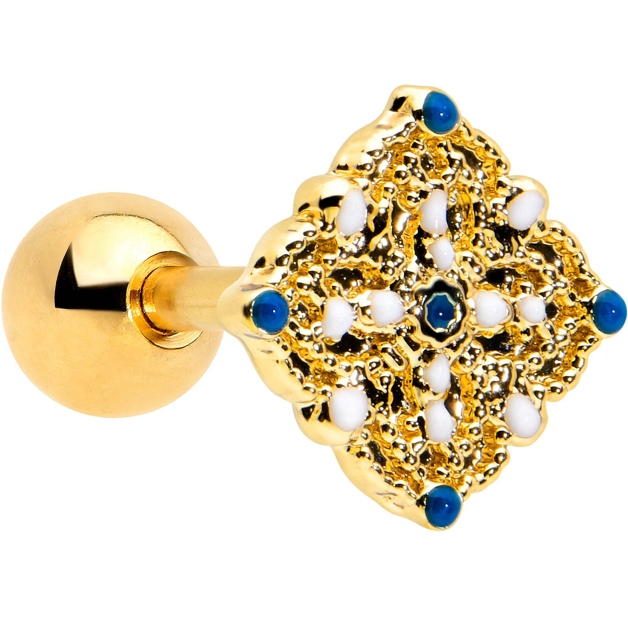 16G 1/4 Blue Gem Gold Tone Lacy Rhombus Cartilage Tragus Earring