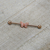 14 Gauge Clear Gem Rosy Tone Baroque Butterfly Industrial Barbell 38mm