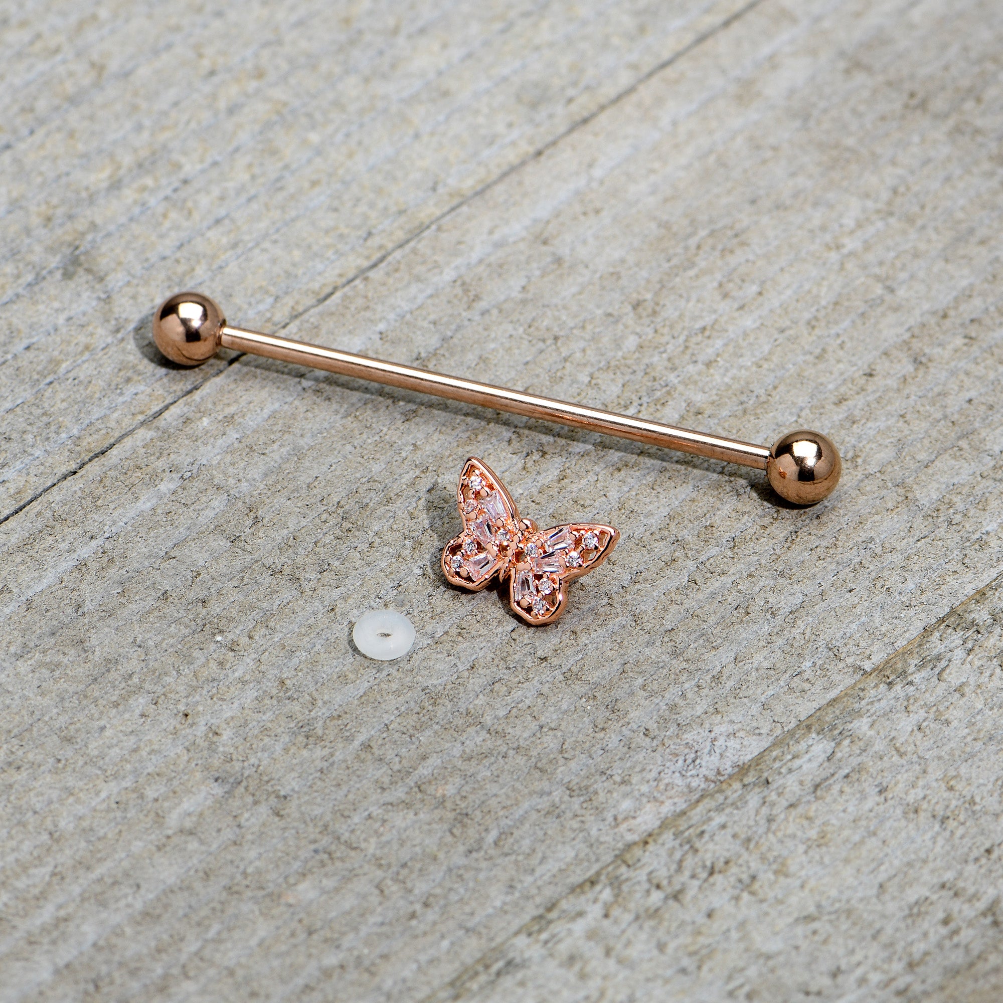 14G Clear Gem Rosy Tone Baroque Butterfly Industrial Barbell 38mm